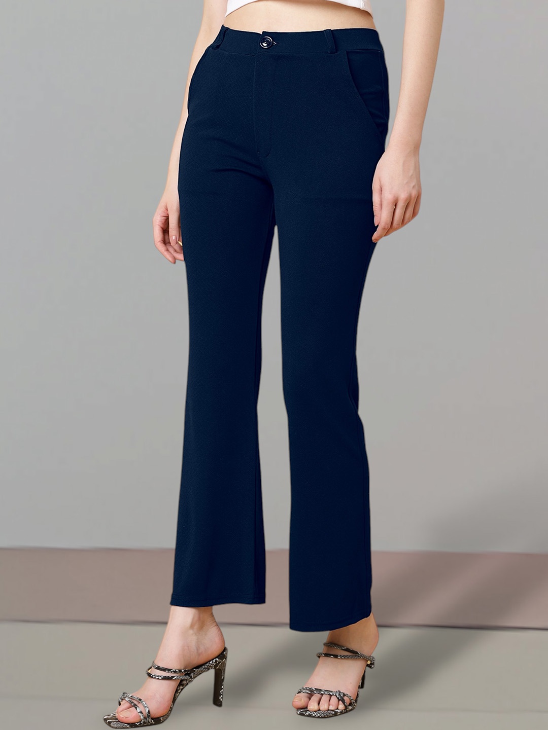 

FITHUB Women High-Rise Easy Wash Cotton Bootcut Trousers, Navy blue