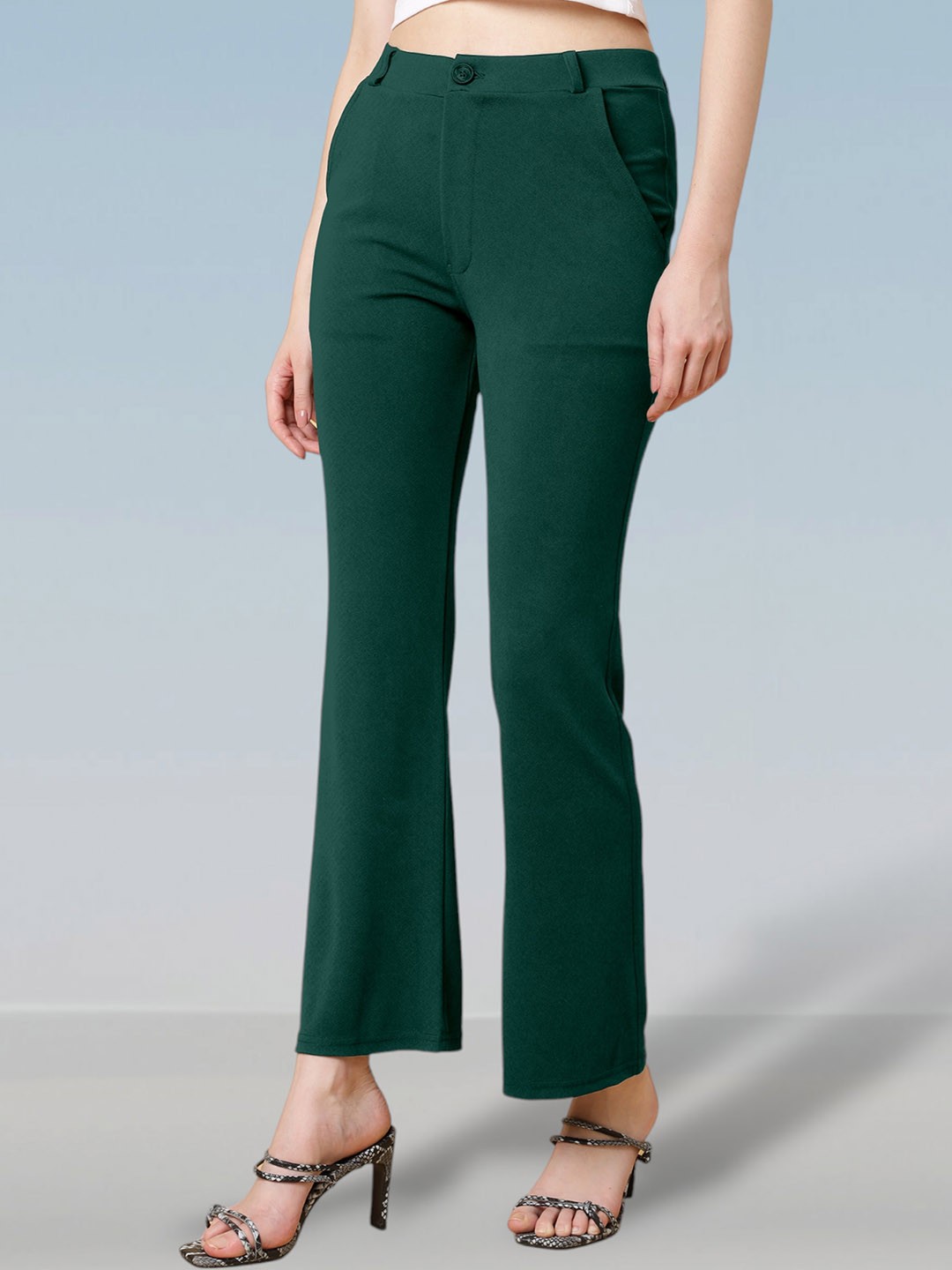 

FITHUB Women High-Rise Easy Wash Cotton Bootcut Trousers, Green