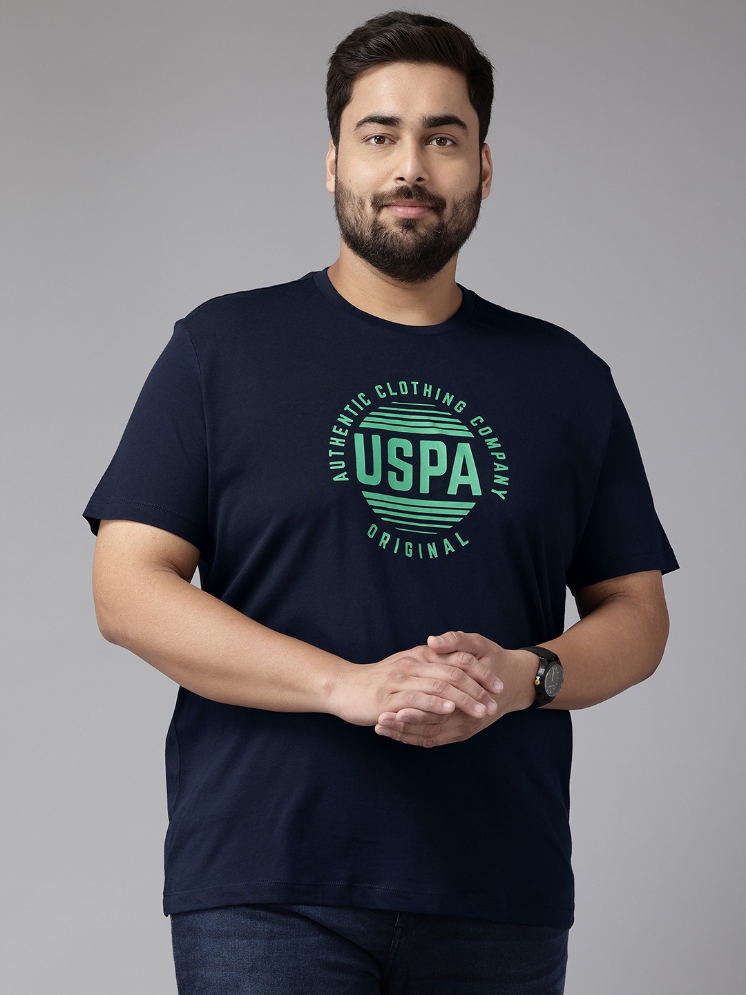 

U.S. Polo Assn. Brand Logo Printed Plus Size Pure Cotton T-shirt, Navy blue