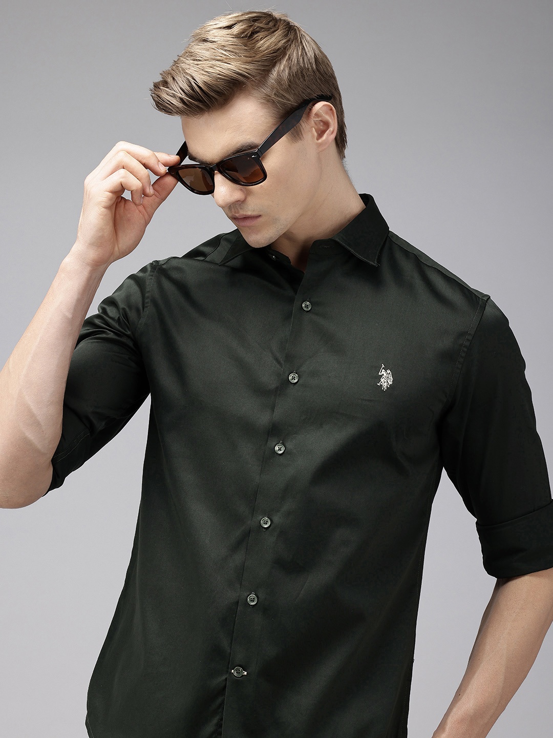 

U.S. Polo Assn. Pure Cotton Satin finish Tailored Fit Opaque Casual Shirt, Olive