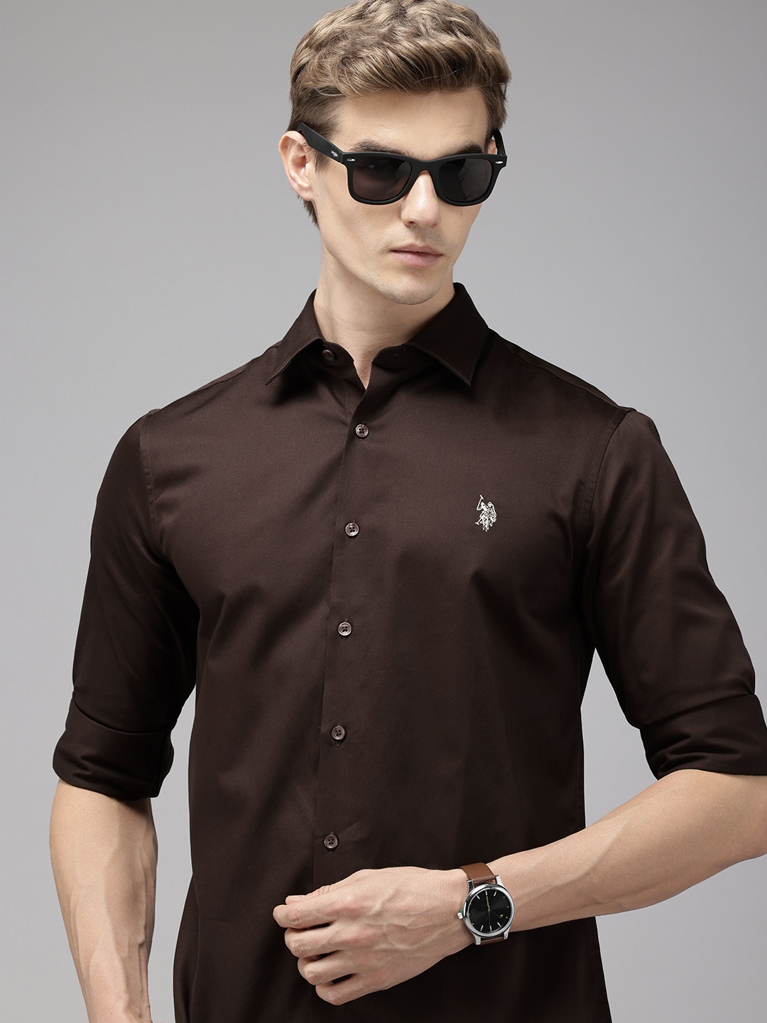 

U.S. Polo Assn. Pure Cotton Tailored Fit Opaque Satin Finish Casual Shirt, Brown