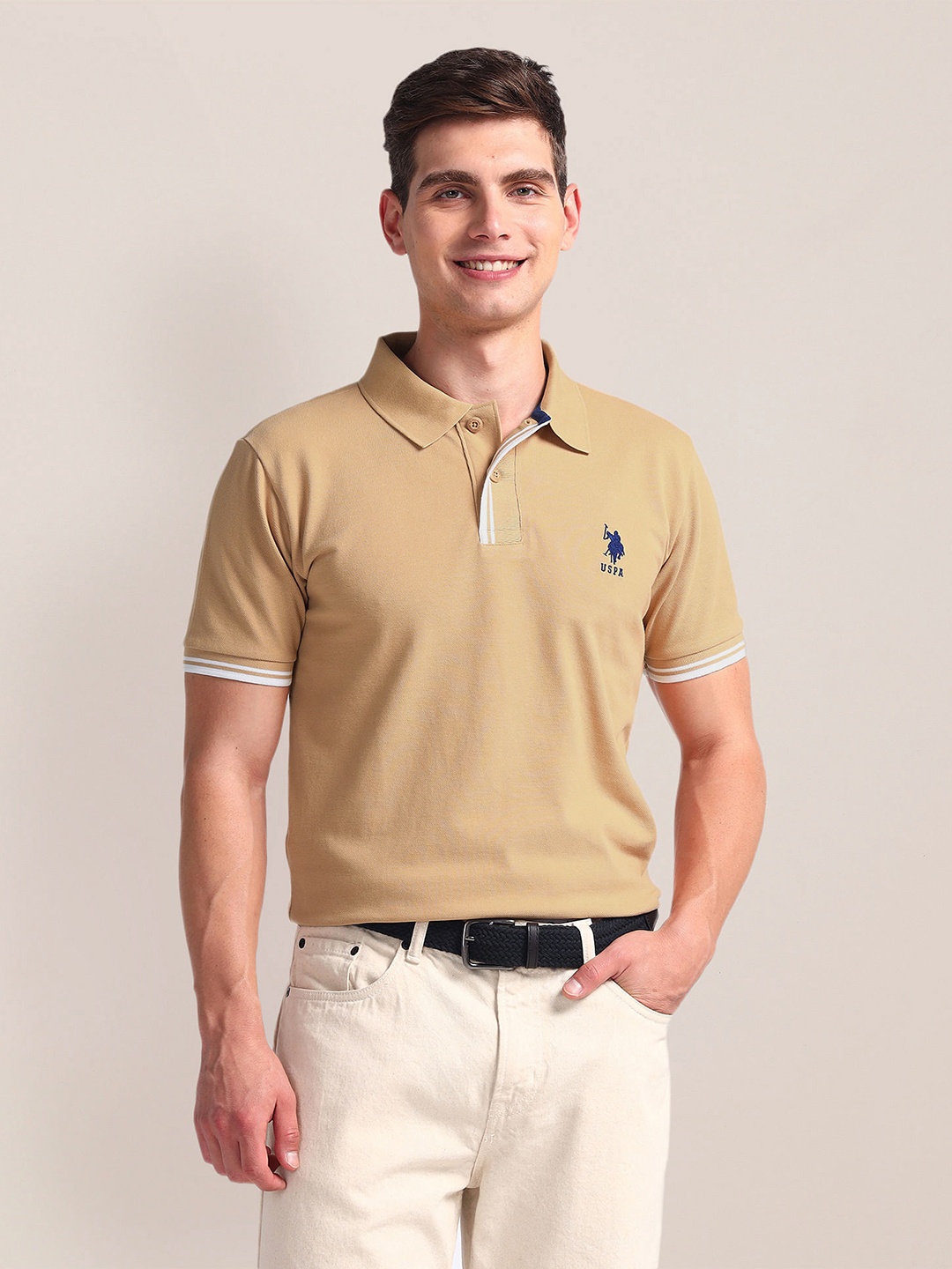 

U.S. Polo Assn. Polo Collar Pure Cotton Slim Fit T-shirt, Beige