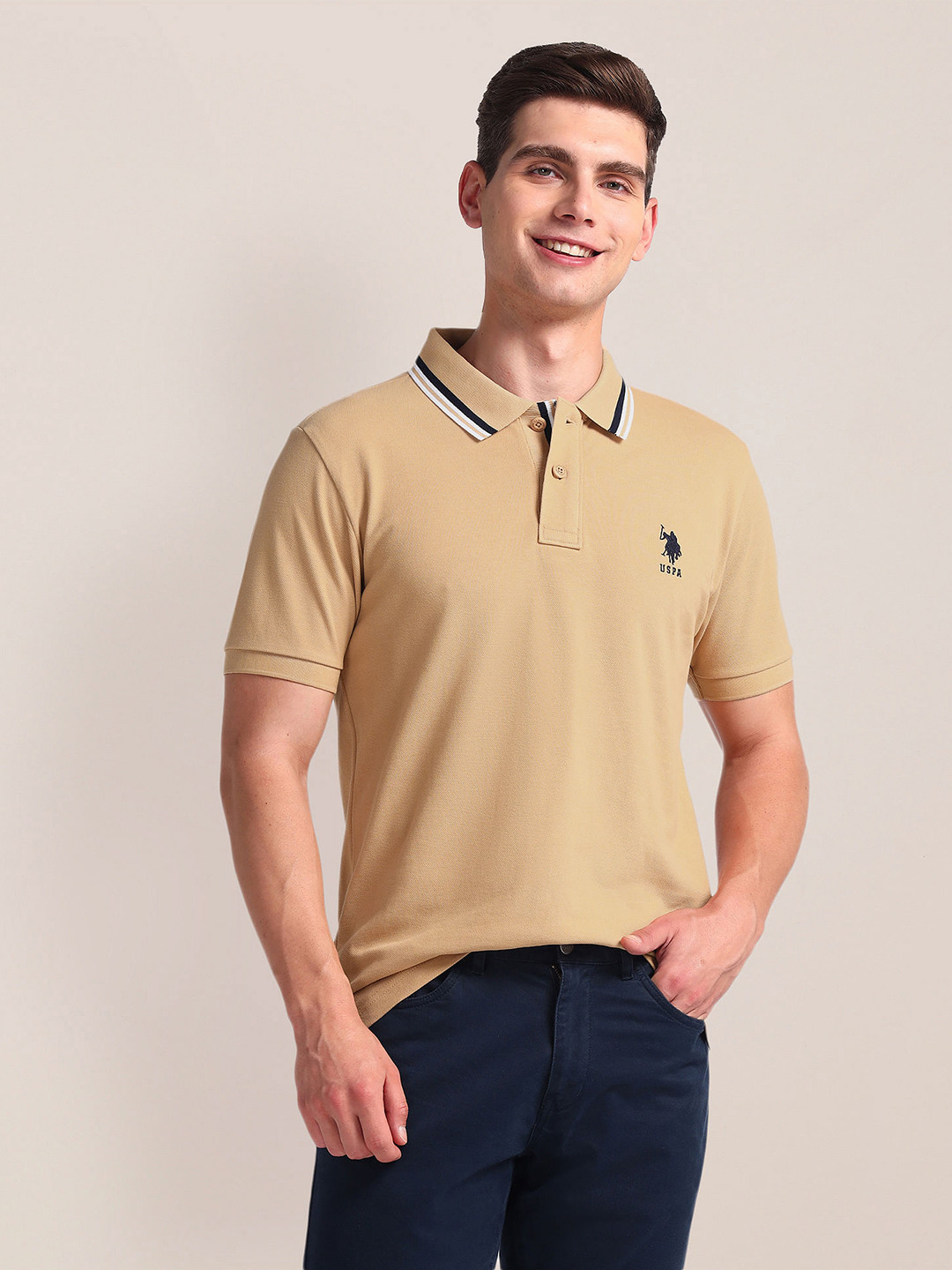 

U.S. Polo Assn. Polo Collar Pure Cotton Slim Fit T-shirt, Beige