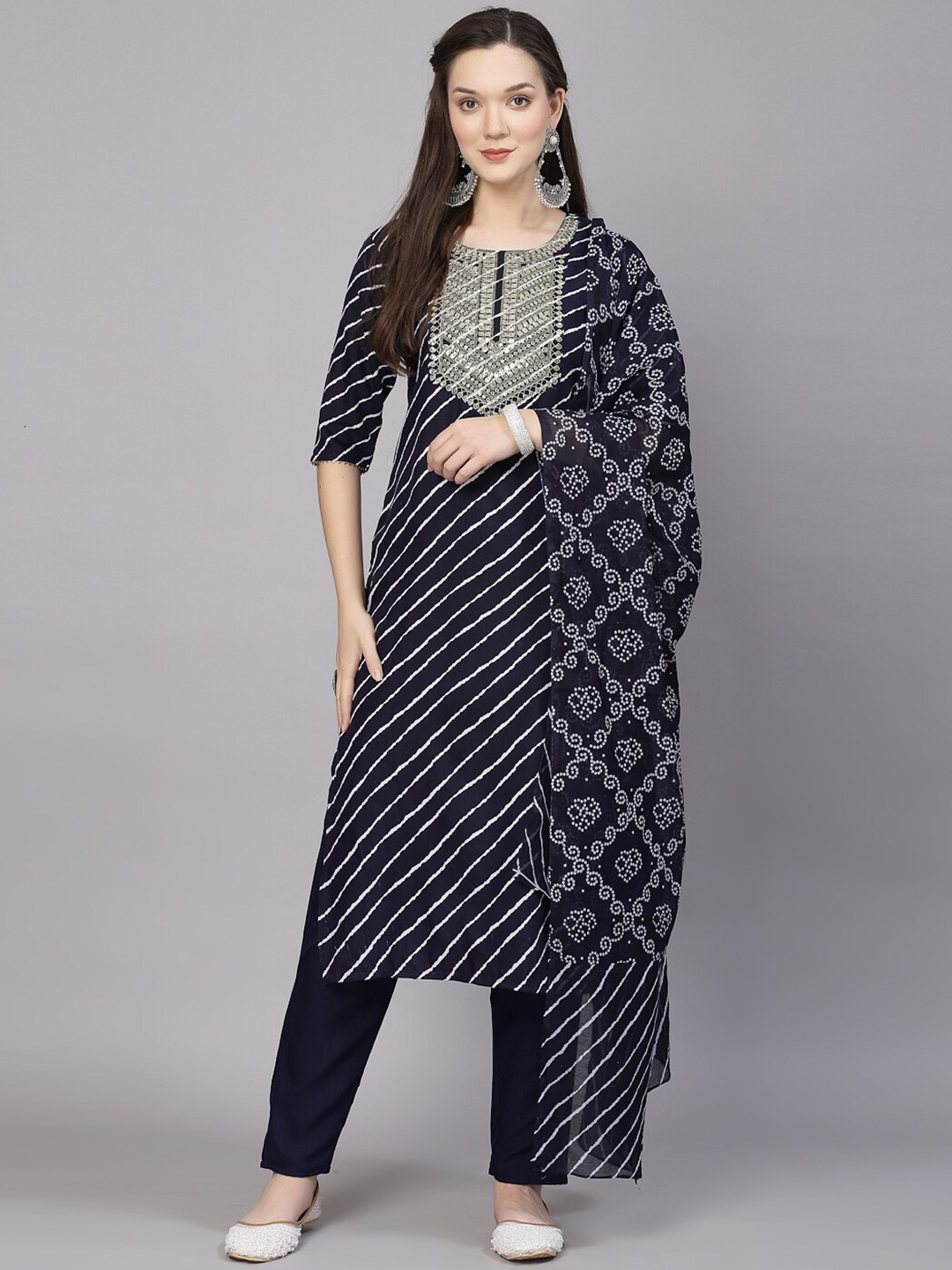 

BAESD Leheriya Printed Straight Kurta With Trousers & Dupatta, Navy blue