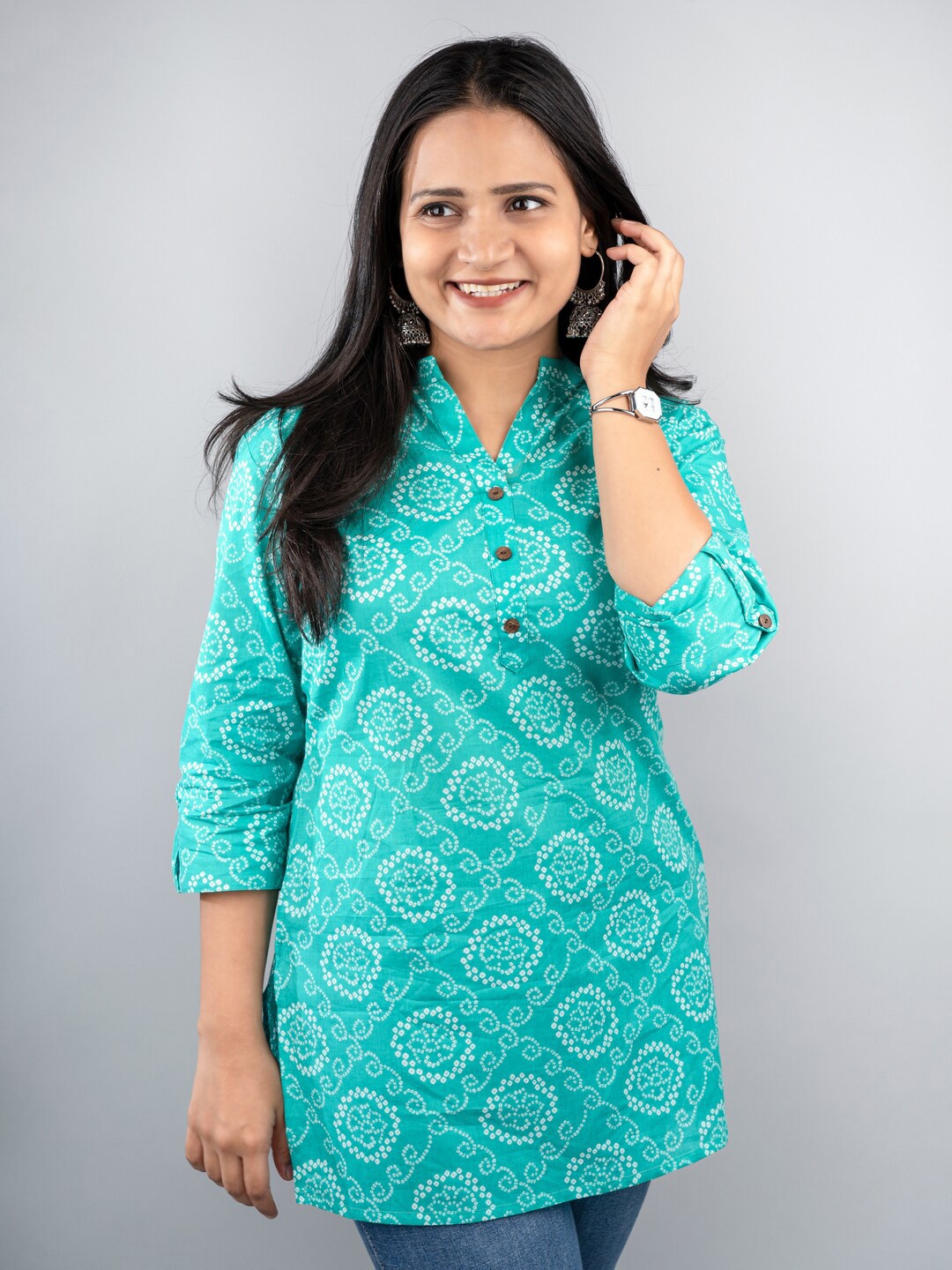 

Masang Bandhani Printed Pure Cotton Kurti, Teal