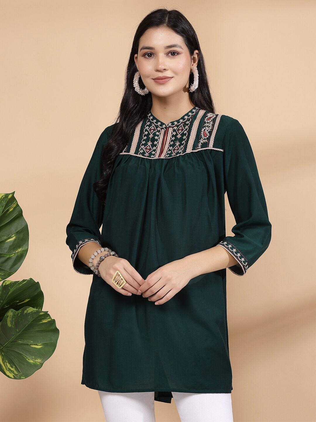 

Nayam By Lakshita Mandarin Collar Embroidered Ethnic Tunic, Teal