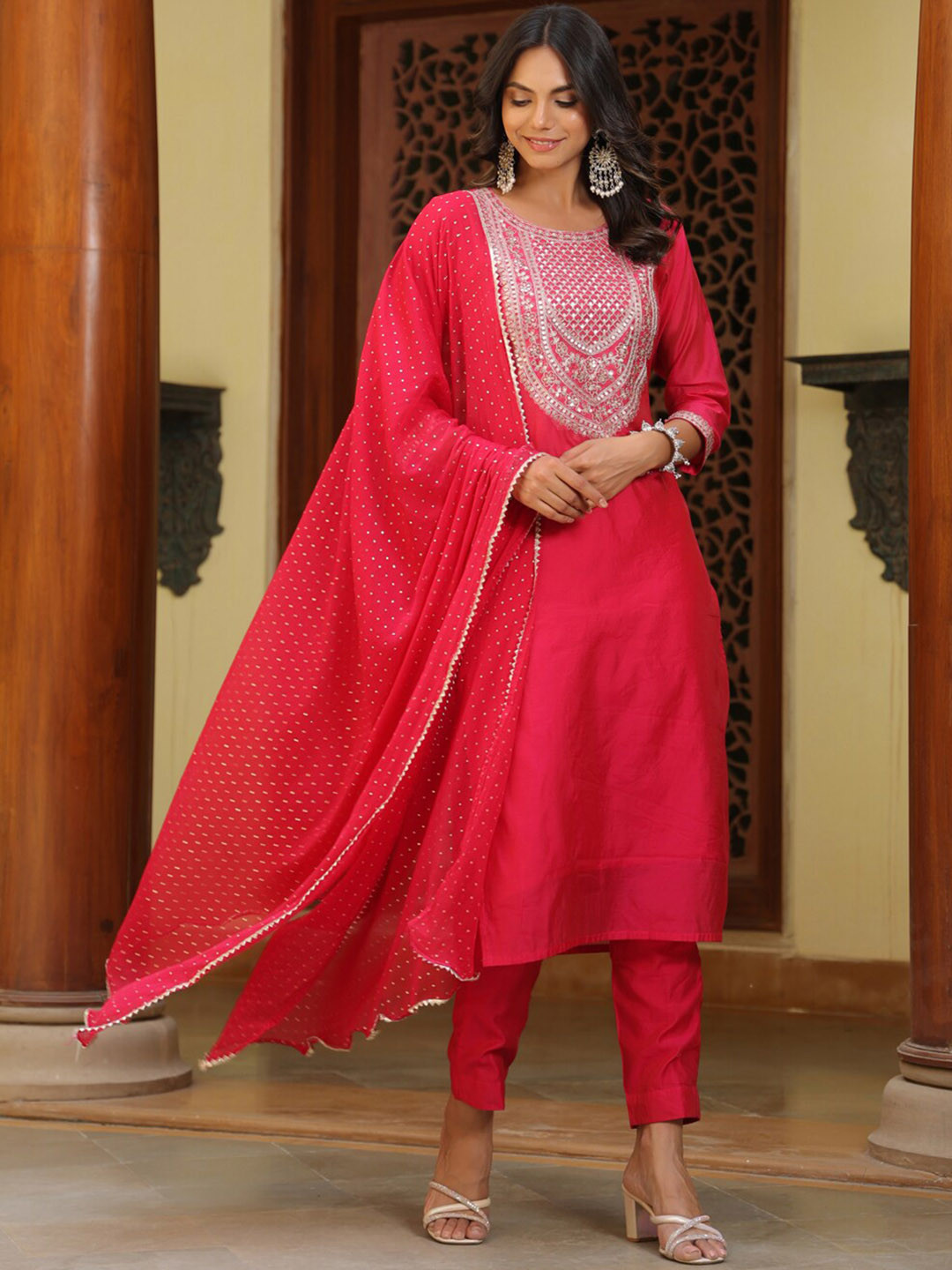 

KALINI Ethnic Motifs Embroidered Sequinned Straight Kurta with Trousers & With Dupatta, Fuchsia