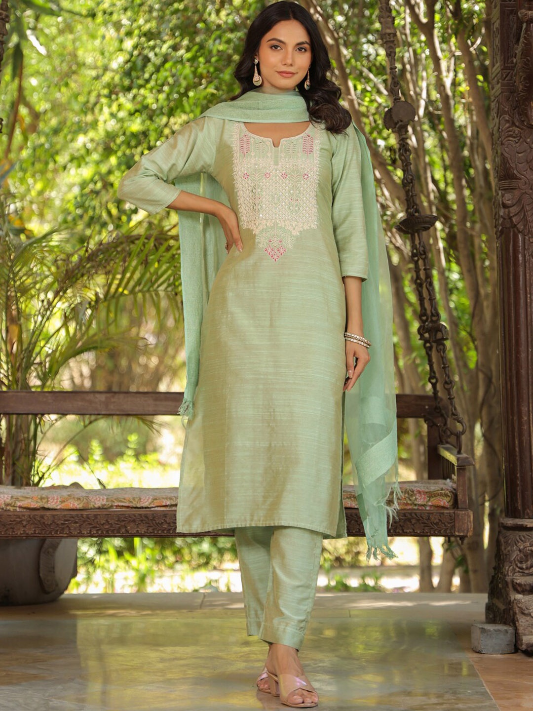 

KALINI Ethnic Motifs Yoke Design Kurta With Trousers & Dupatta, Sea green