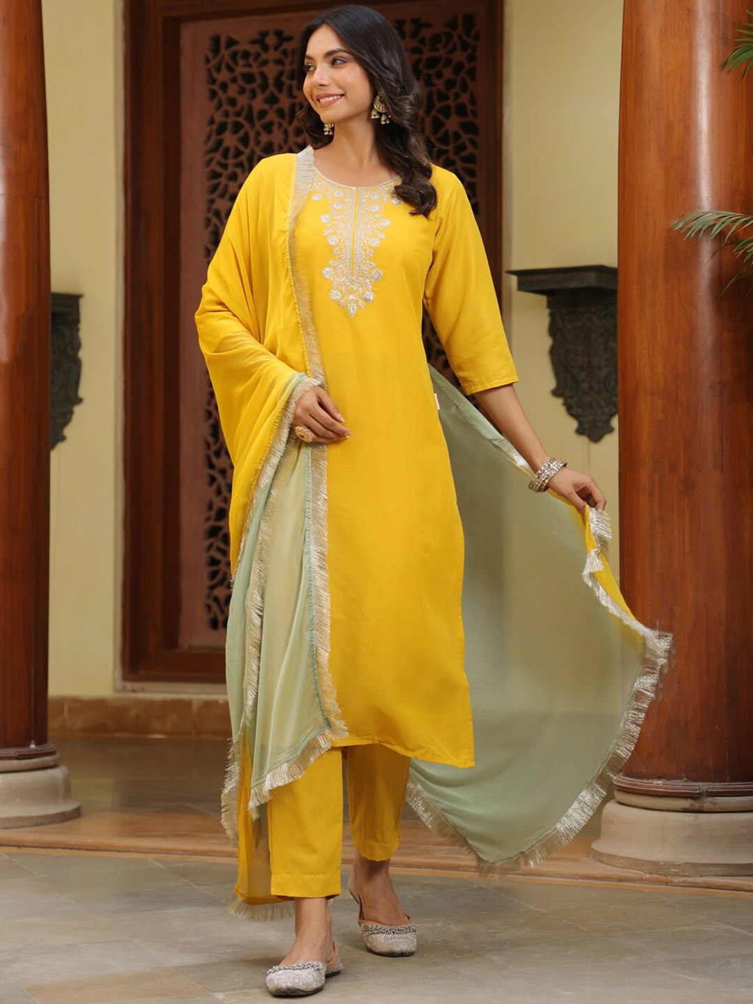 

KALINI Floral Embroidered Kurta With Trousers & Dupatta, Yellow