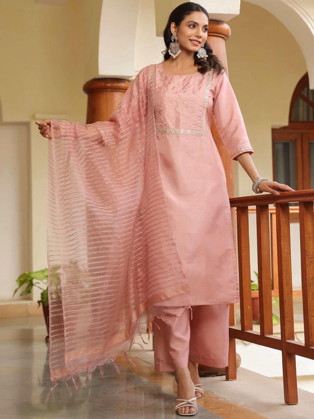 

KALINI Floral Yoke Design Kurta With Trousers & Dupatta, Pink