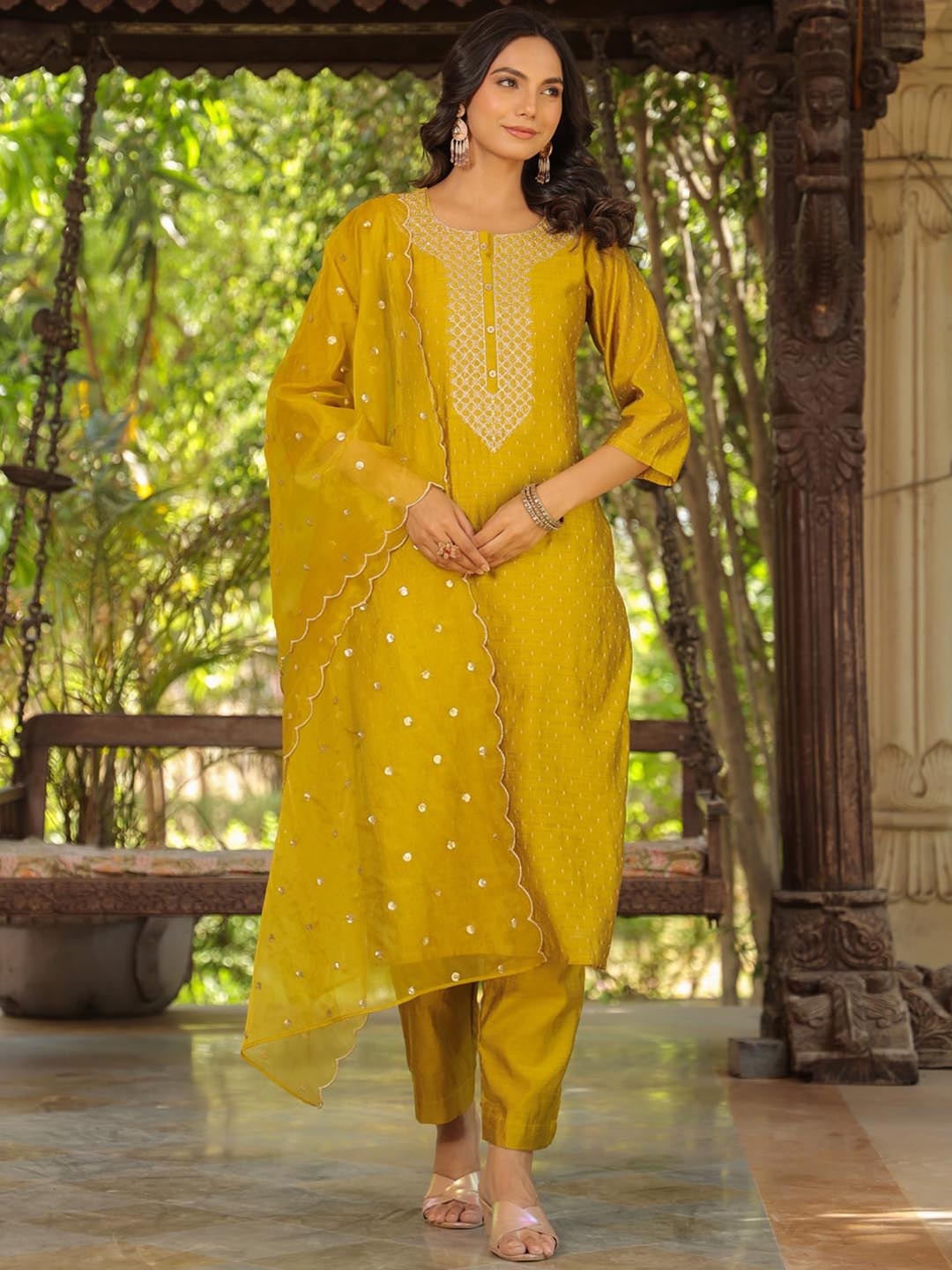 

KALINI Ethnic Motifs Embroidered Straight Kurta with Trousers & Dupatta, Mustard