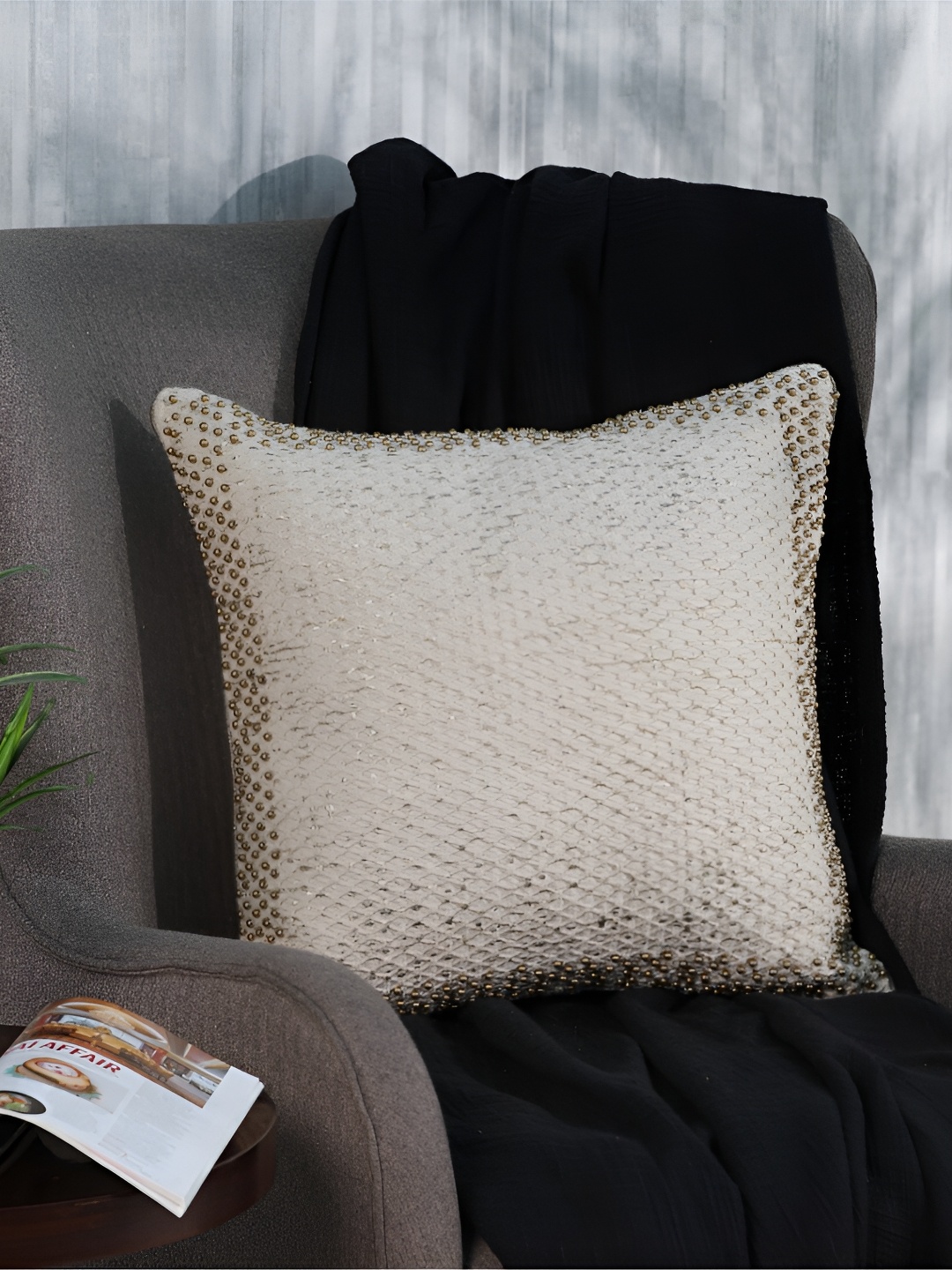 

House of Harkaari Gold-Toned & Off White Embroidered Cotton Square Cushion Cover
