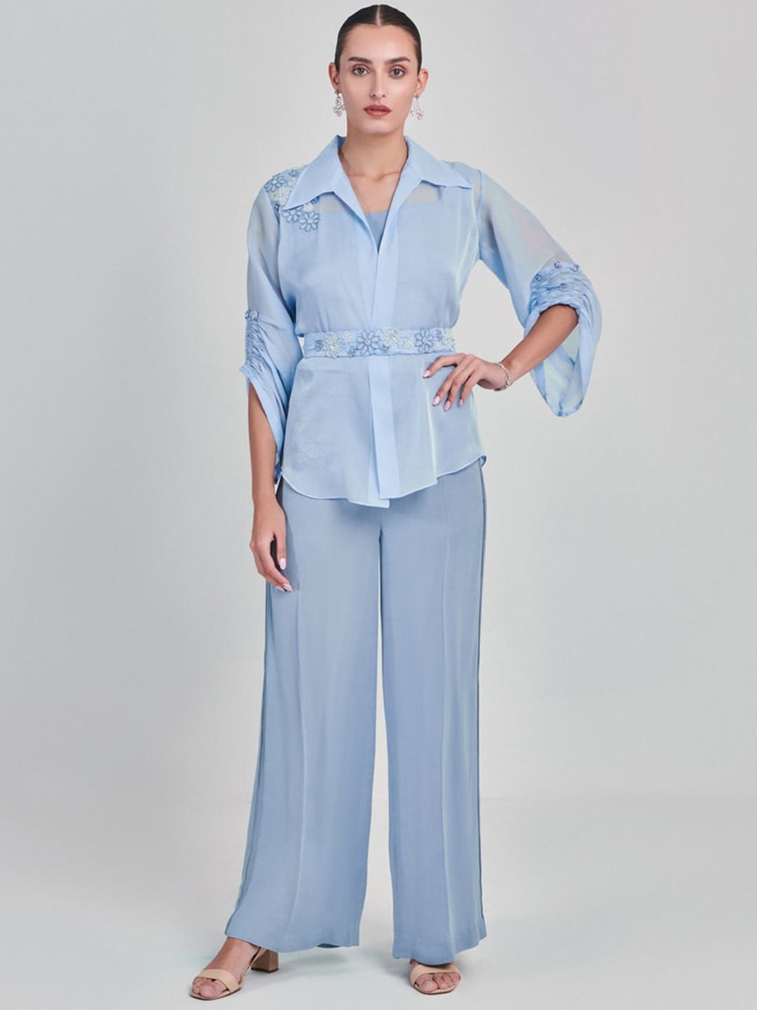 

ONE KNOT ONE Embroidered Shirt & Flared Trouser & Belt, Blue