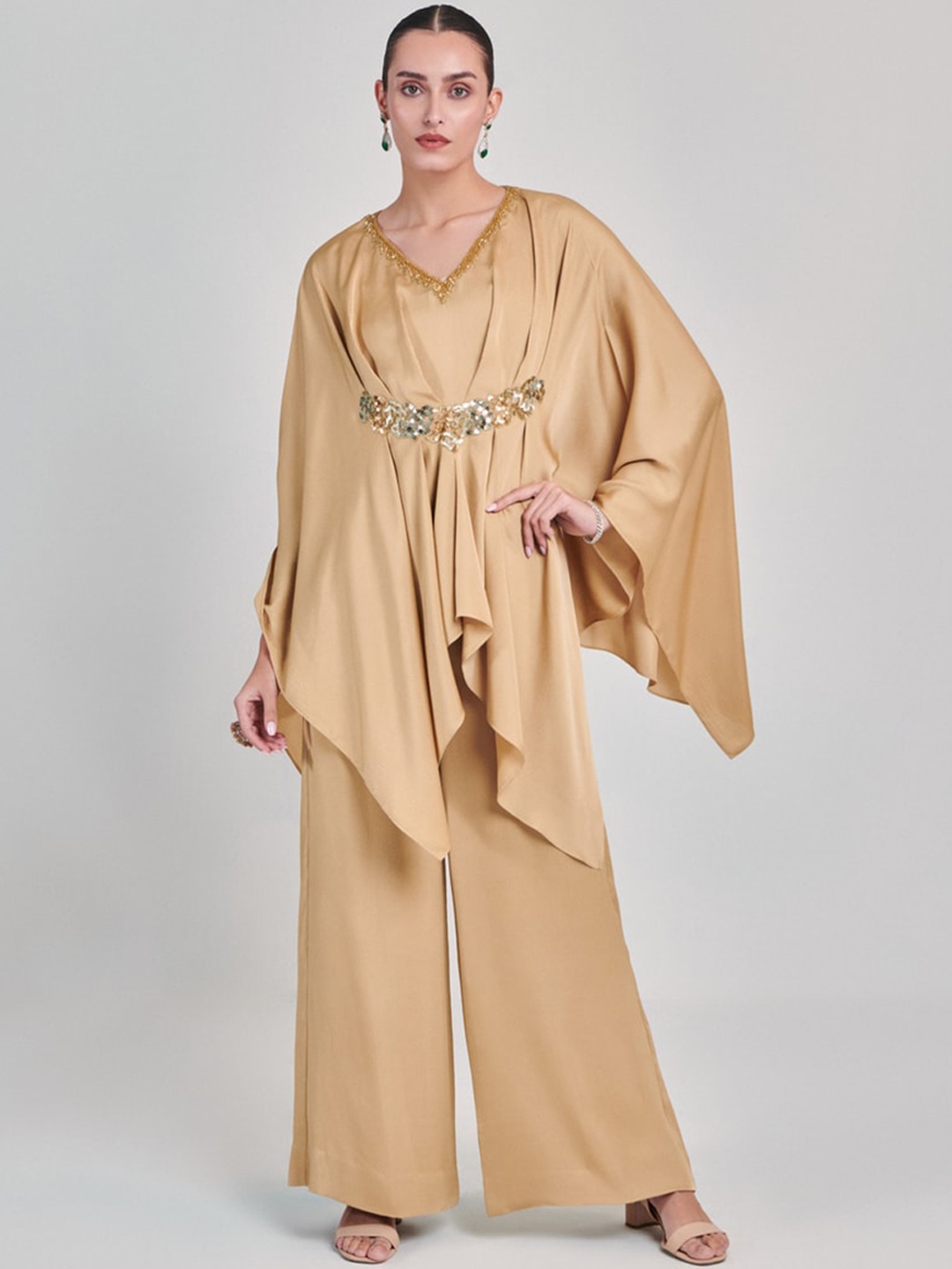 

ONE KNOT ONE Embroidered Kaftan Top With Palazzos Co-Ords, Gold