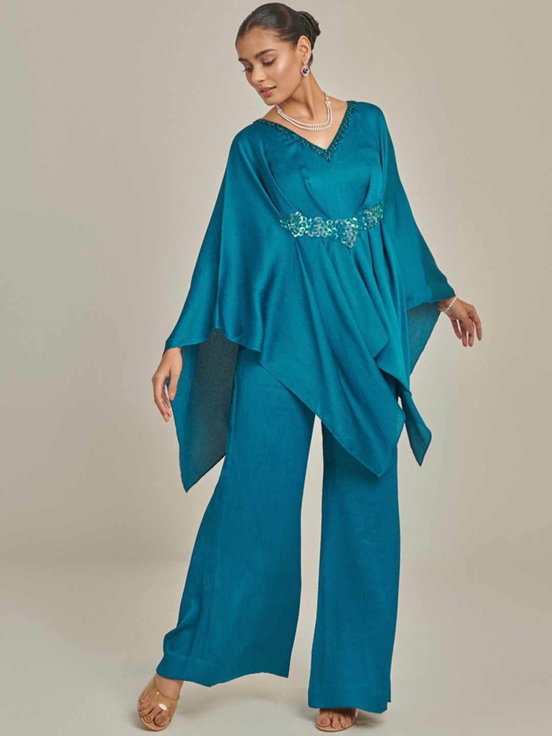 

ONE KNOT ONE Embellished Kaftan Sleeves Tunic With Palazzos, Teal