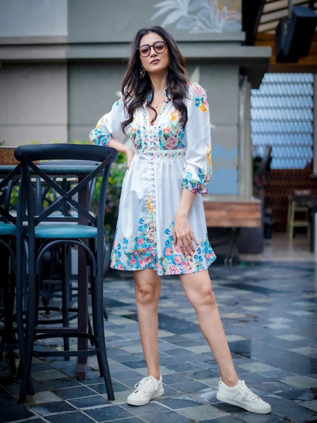 

BAESD Mandarin Collar Floral Print Flutter Sleeve A-Line Dress, White