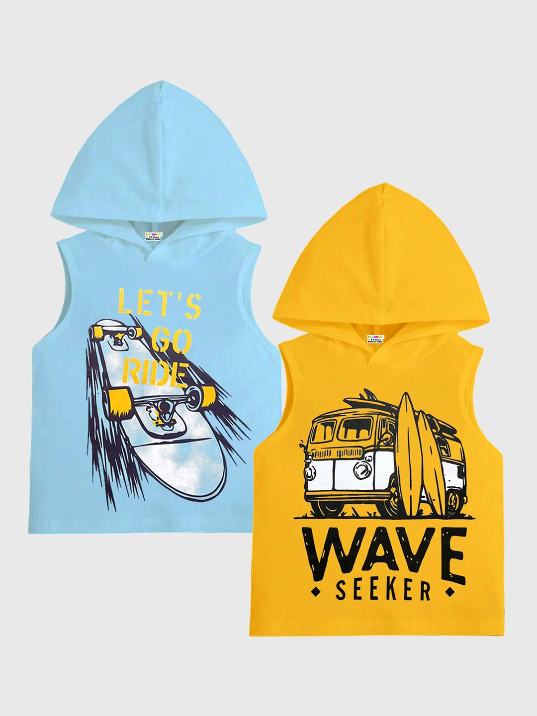 

KUCHIPOO Kids Pack Of 2 Graphic Printed Hooded Sleeveless T-shirts, Yellow