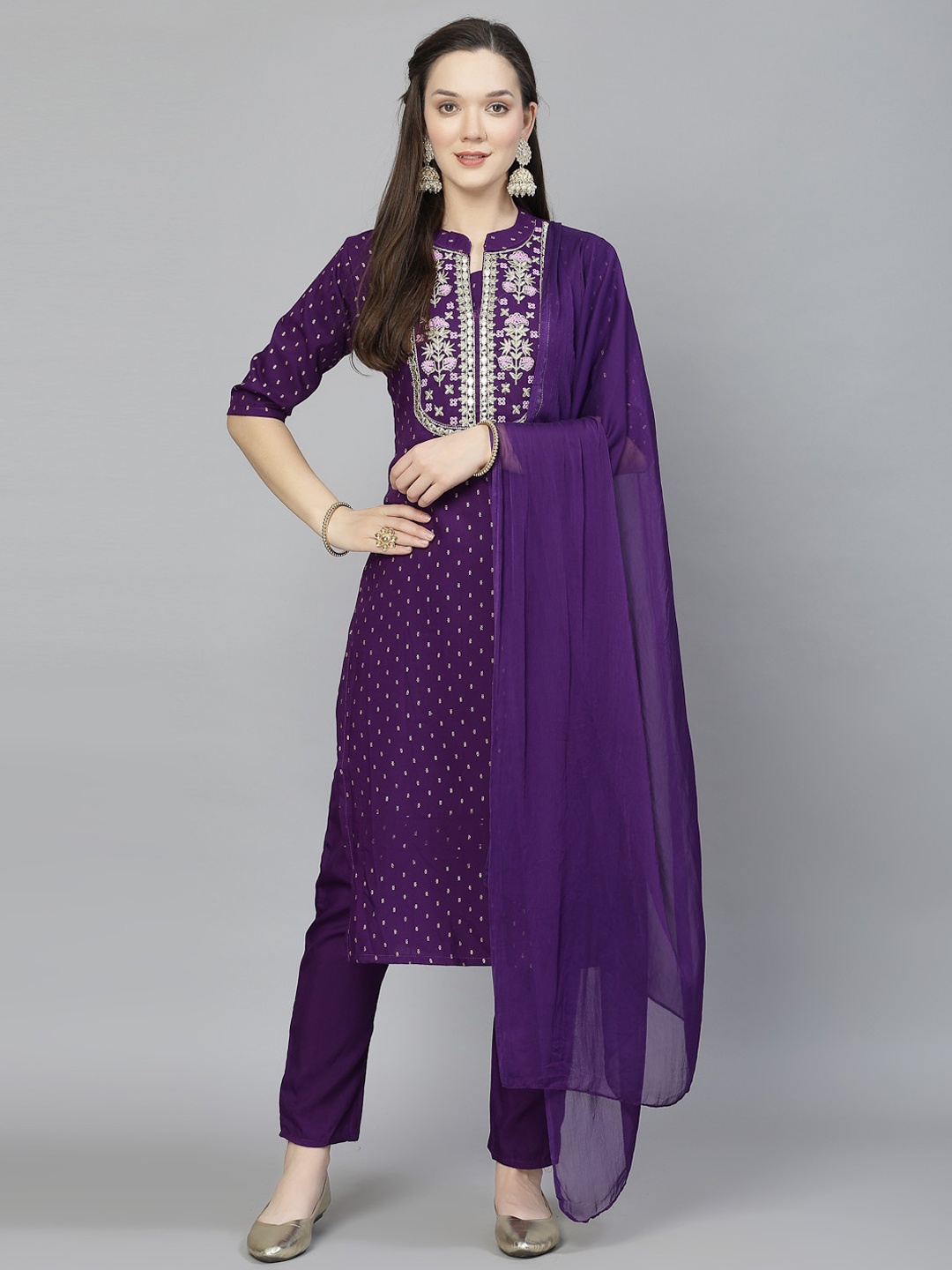 

BAESD Ethnic Motifs Printed Thread Work Straight Kurta With Trousers & Dupatta, Violet