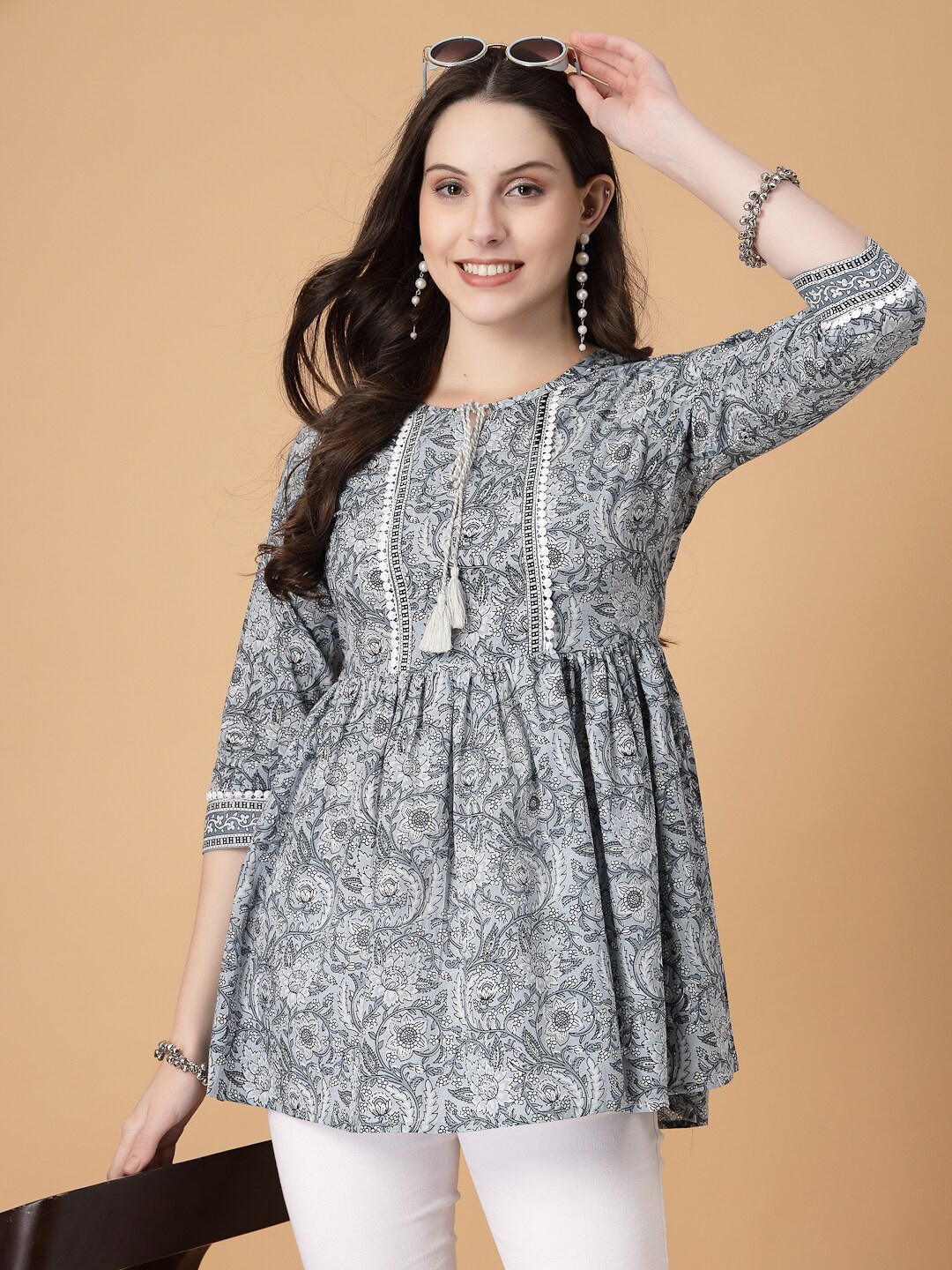 

God Bless Ethnic Motifs Print Cotton A-Line Top, Grey