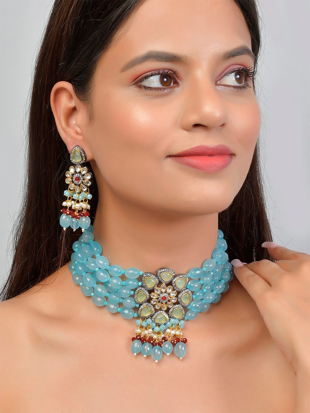 

Silvermerc Designs Gold-Plated Stones & Beads Studded Choker Necklace Set, Blue
