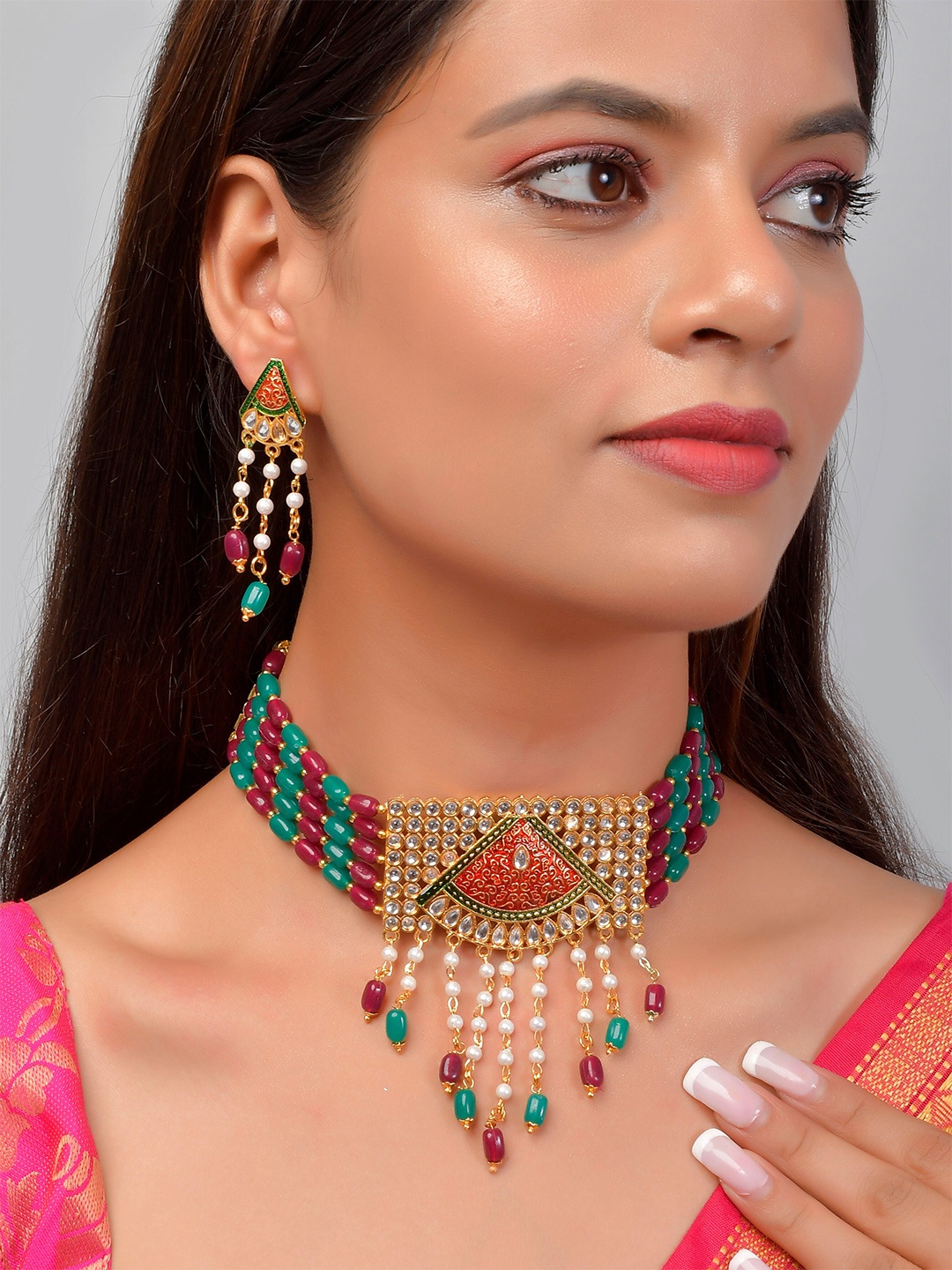 

Silvermerc Designs Gold-Plated Stones & Beads Studded Choker Necklace Set, Red