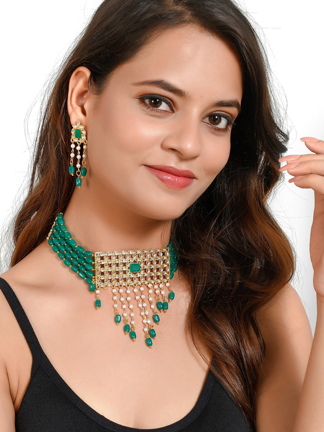 

Silvermerc Designs Gold-Plated Stones & Beads Studded Choker Necklace Set, Green