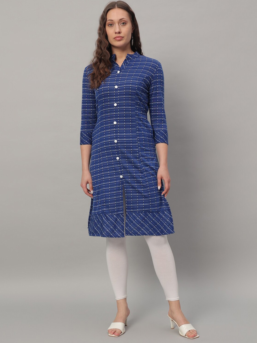 

GLITO Checked Mandarin Collar Pure Cotton Straight Kurta, Navy blue