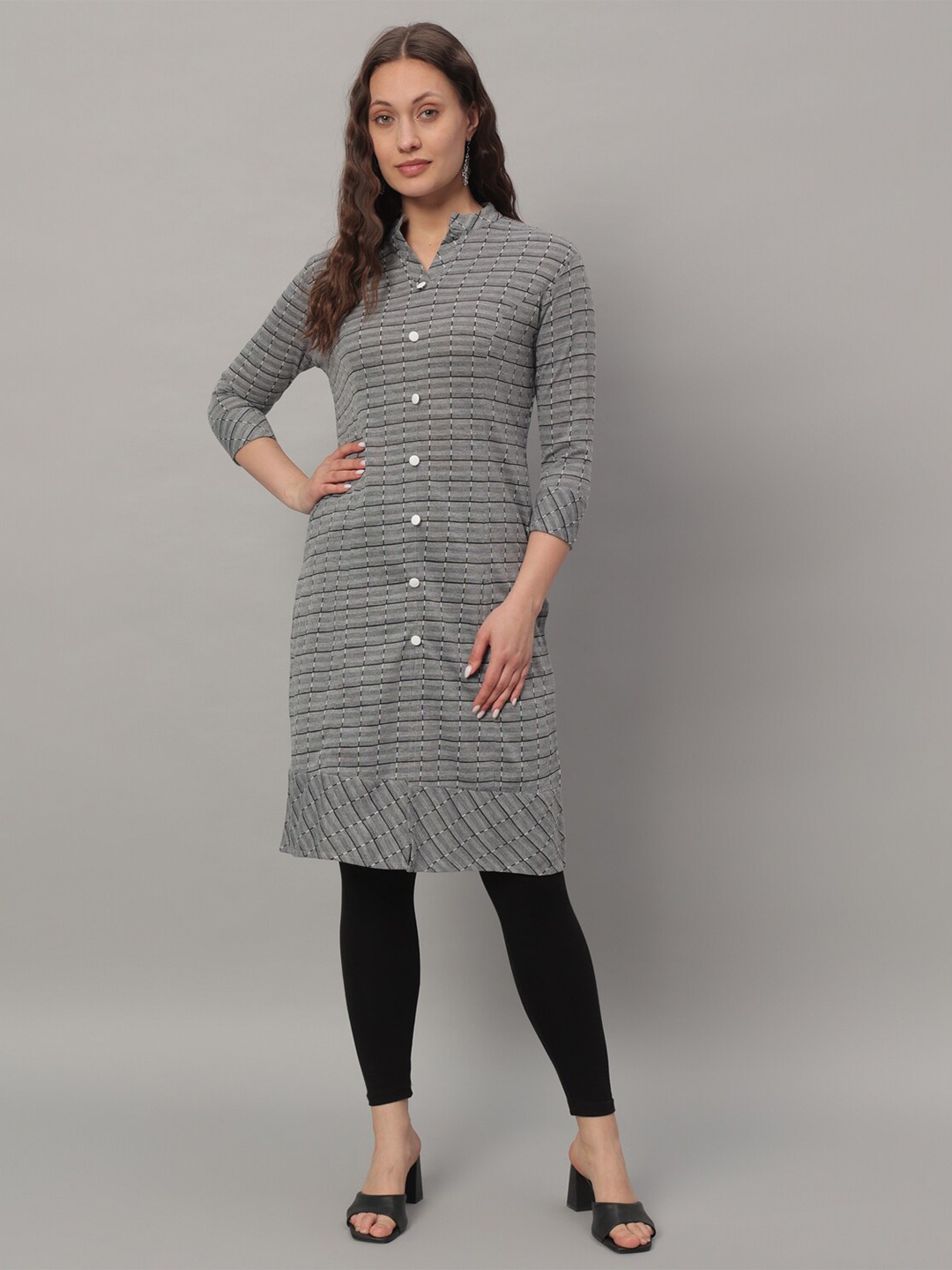 

GLITO Checked Mandarin Collar Pure Cotton Straight Kurta, Grey