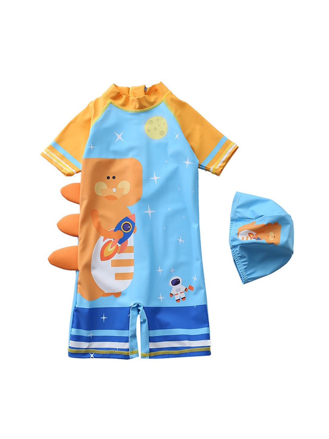 

The Mom Store Boys Dino Adventure Printed Stand Up Collar Legsuit, Blue