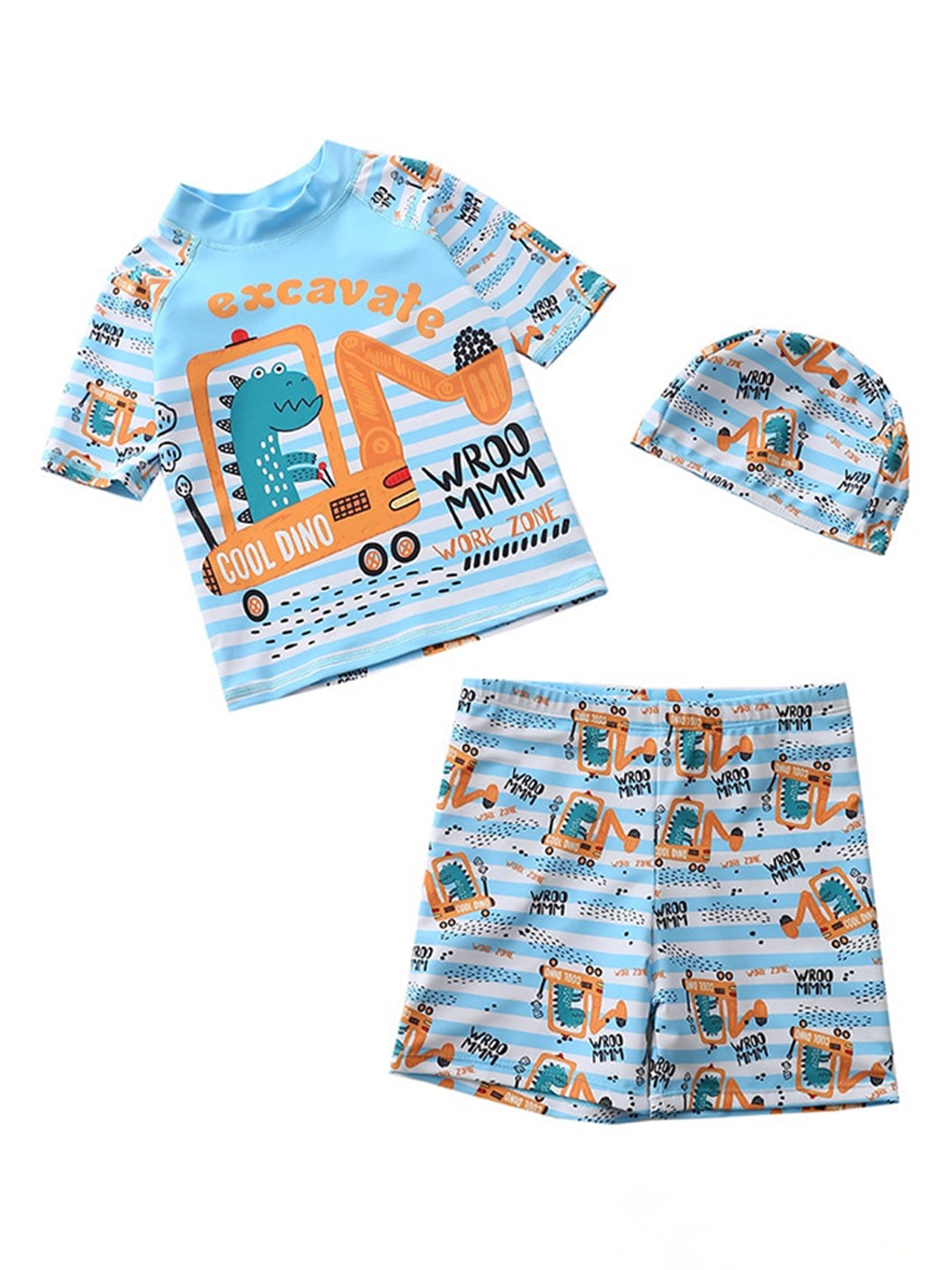 

The Mom Store Digger Dino Boys Printed T-Shirt And Shorts With Cap Swim Set, Blue