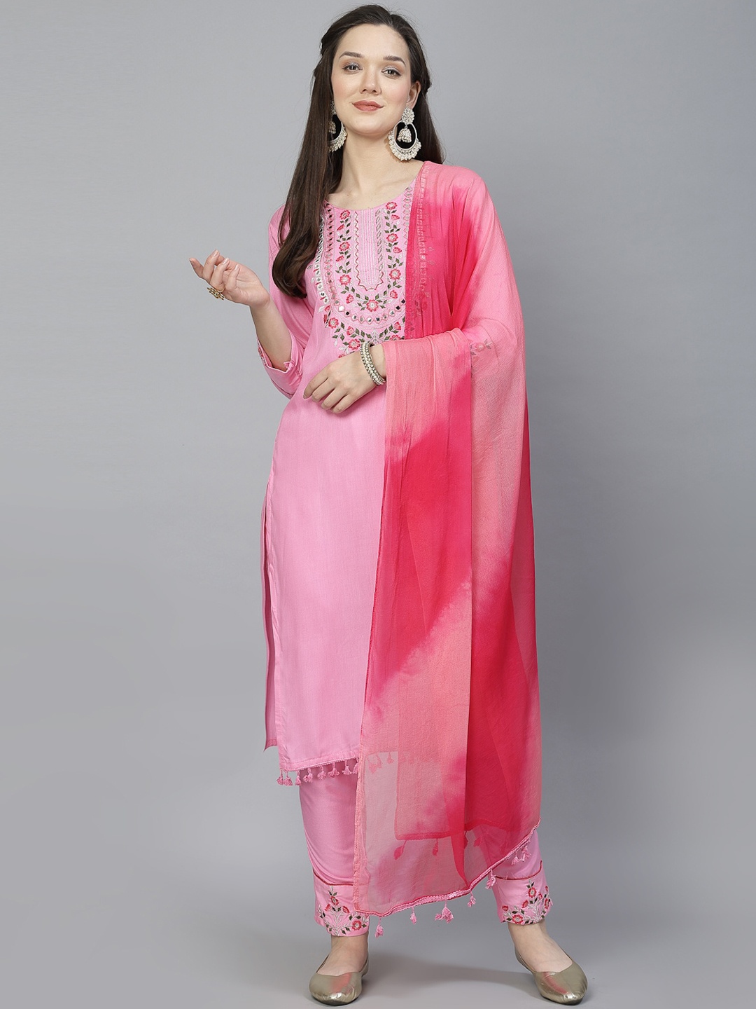 

BAESD Ethnic Motifs Embroidered Regular Kurta With Trousers & Dupatta, Pink