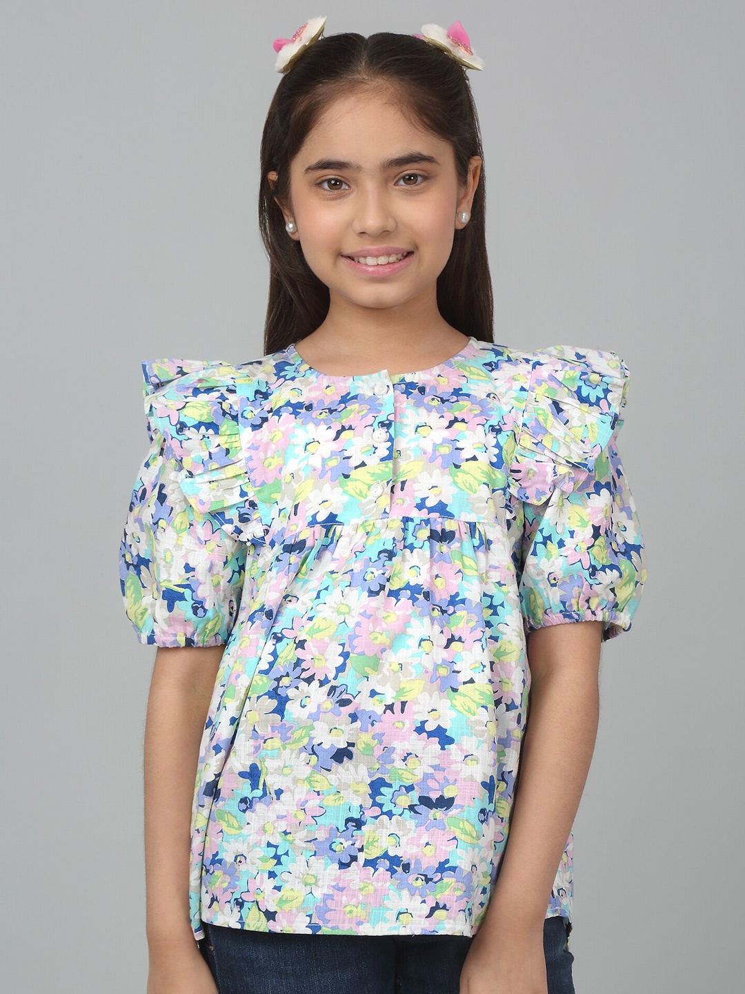 

Cantabil Floral Printed Puff Sleeves Pure Cotton Top, White
