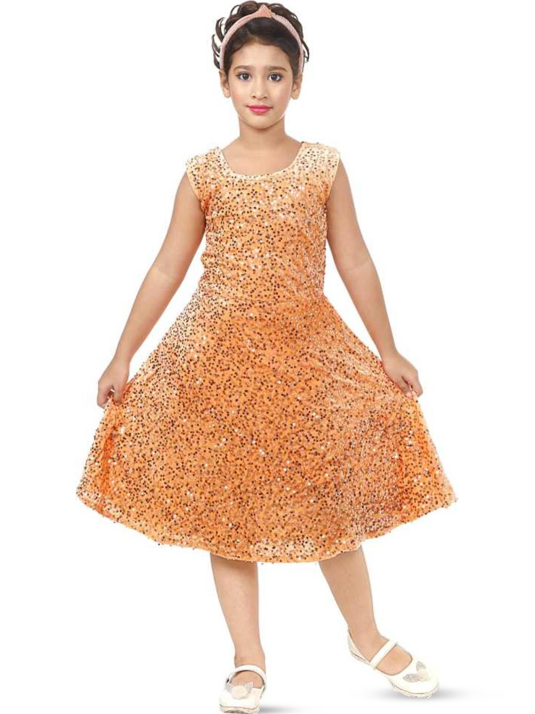

BAESD Girls Floral Printed Sequined Sleeveless Fit & Flare Midi Dress, Orange