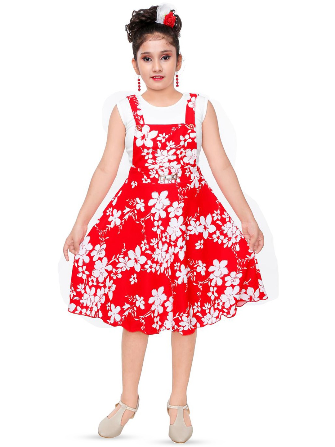 

BAESD Girls Floral Printed Round Neck Fit & Flare Dress, Red