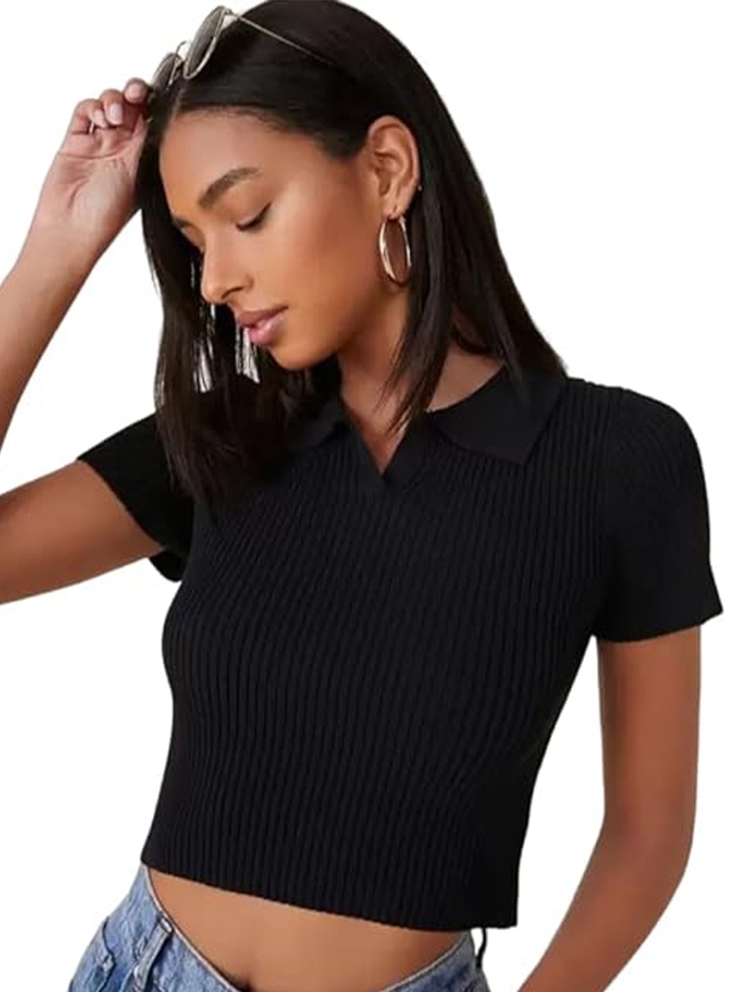 

TABADTOD Shirt Collar Crop Top, Black
