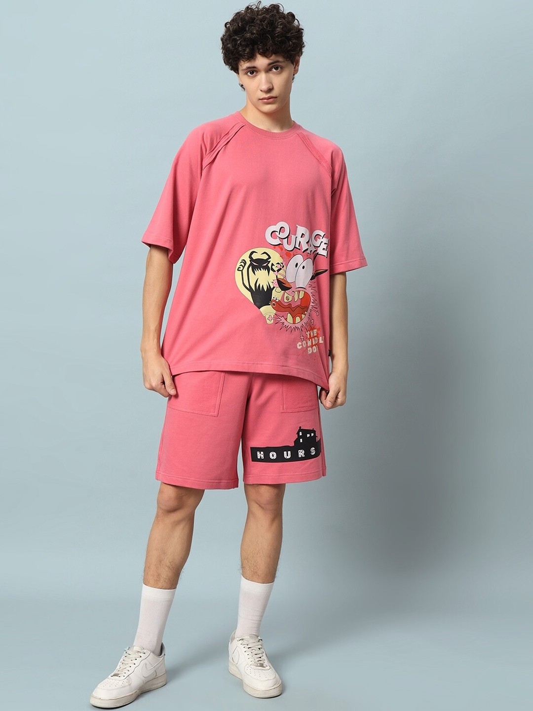 

WEARDUDS Printed Raglan Sleeves Pure Cotton T-Shirt With Shorts, Pink