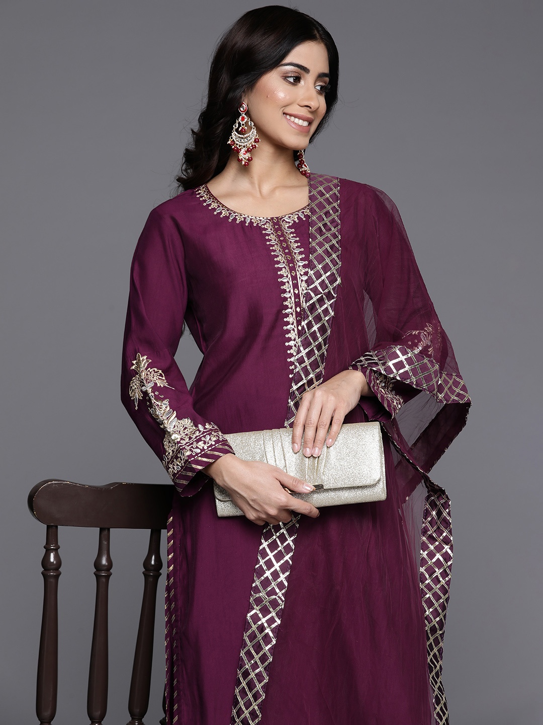 

Varanga Ethnic Motifs Embroidered Zari Kurta with Trousers & Dupatta, Purple