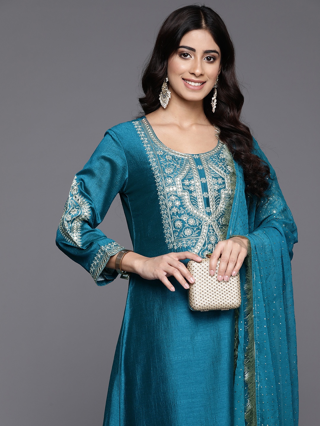 

Varanga Ethnic Motifs Embroidered Mirror Work Straight Kurta with Palazzo & Dupatta, Turquoise blue