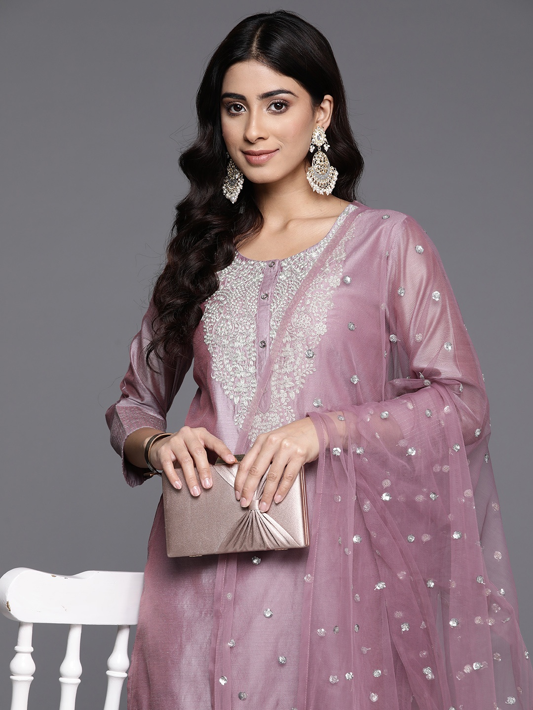 

Varanga Floral Embroidered Zari Chanderi Silk Kurta with Trousers & Dupatta, Mauve