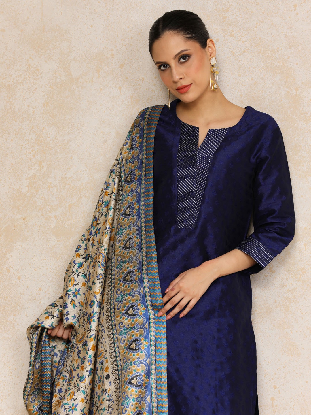 

Varanga Woven Design Zari Kurta with Trousers & Dupatta, Navy blue
