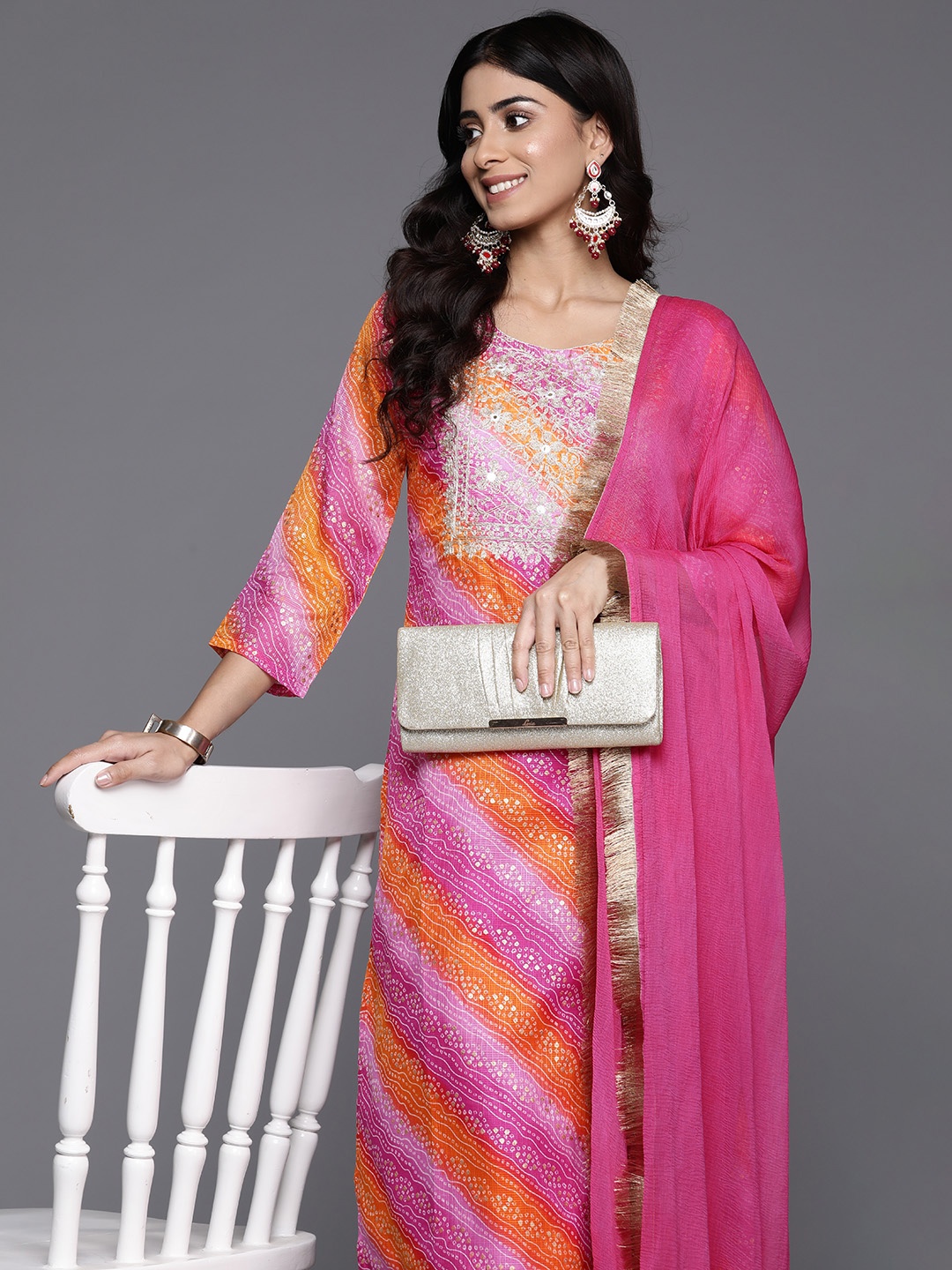 

Varanga Bandhani Embroidered Zari Kurta with Trousers & Dupatta, Pink