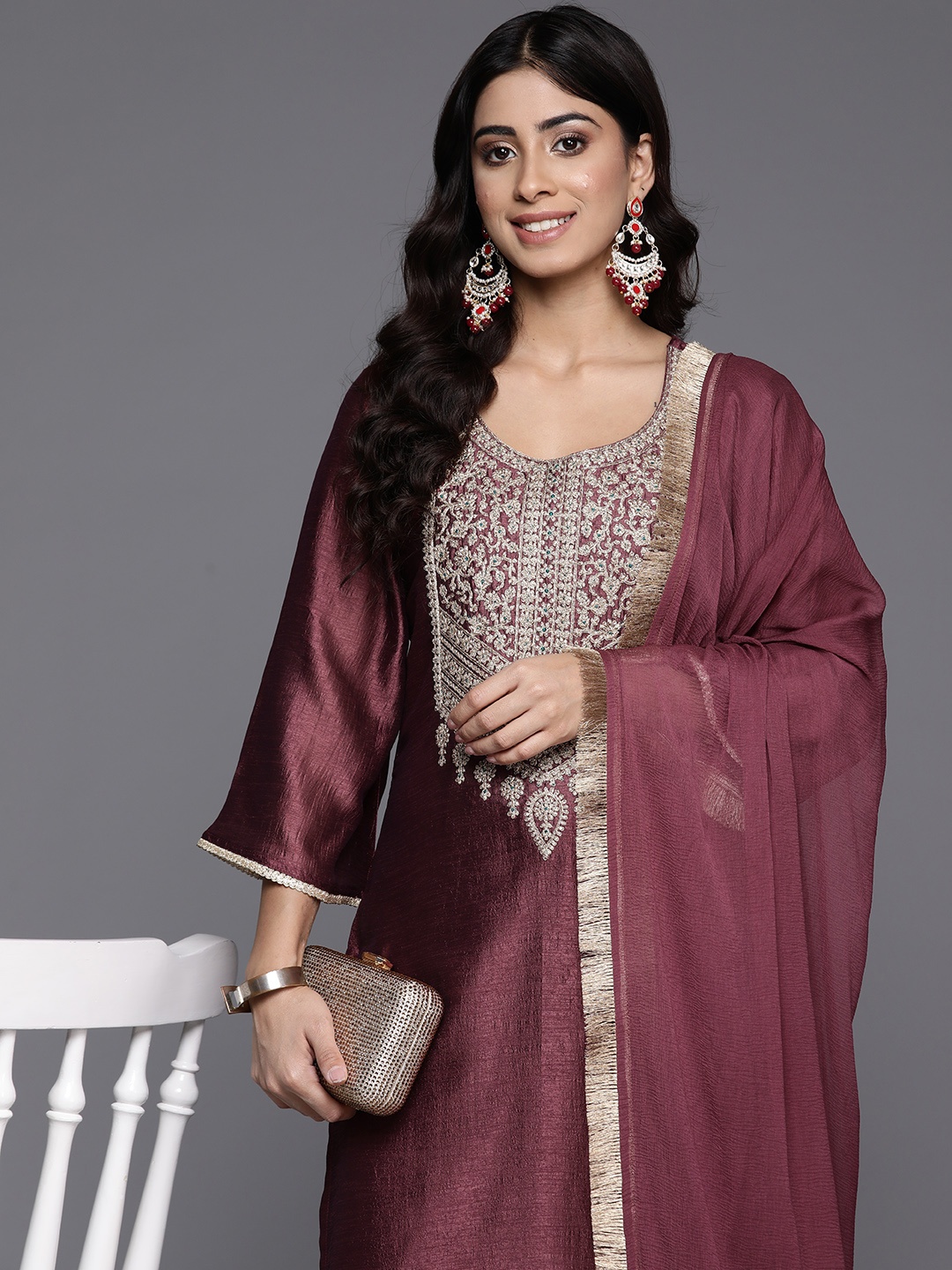 

Varanga Ethnic Motifs Embroidered Zari Kurta with Palazzos & Dupatta, Burgundy