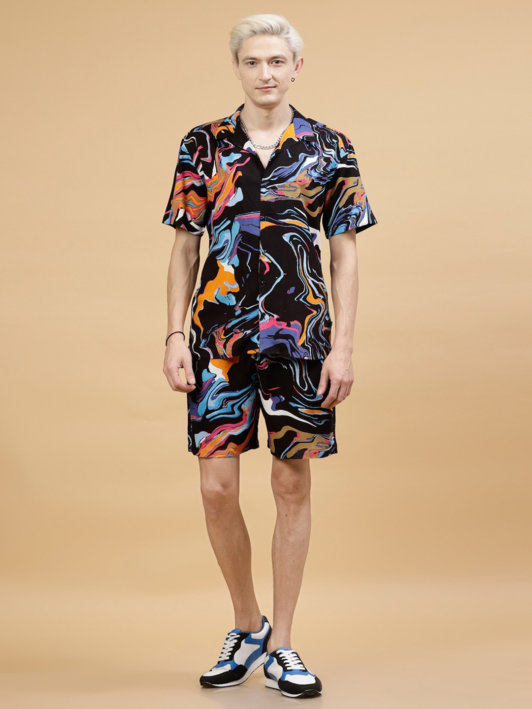 

Rigo Printed Shirt With Shorts Co-ords Set, Black