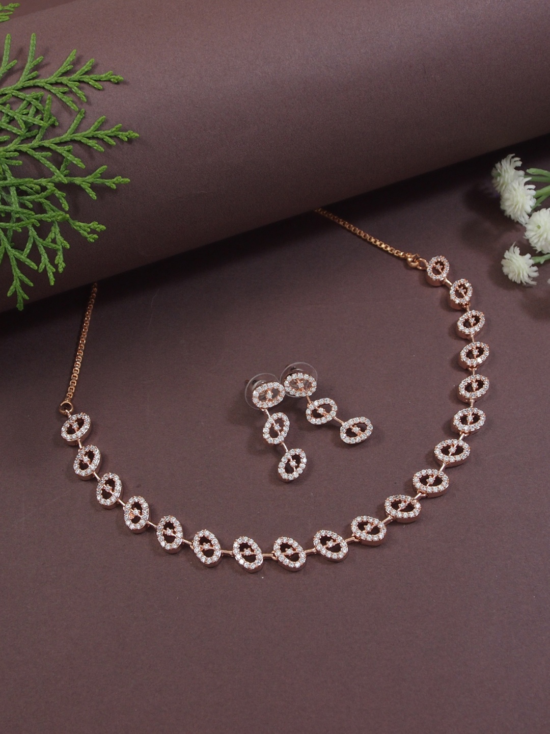 

I Jewels Rose Gold-Plated Cubic Zirconia Studded Jewellery Set