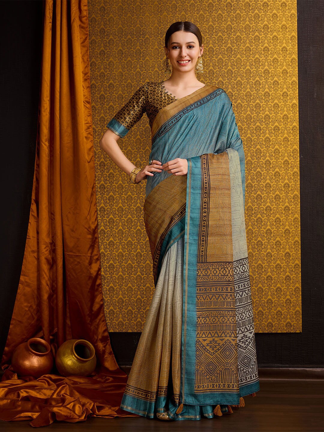 

Ishin Ethnic Motifs Tussar Saree, Sea green