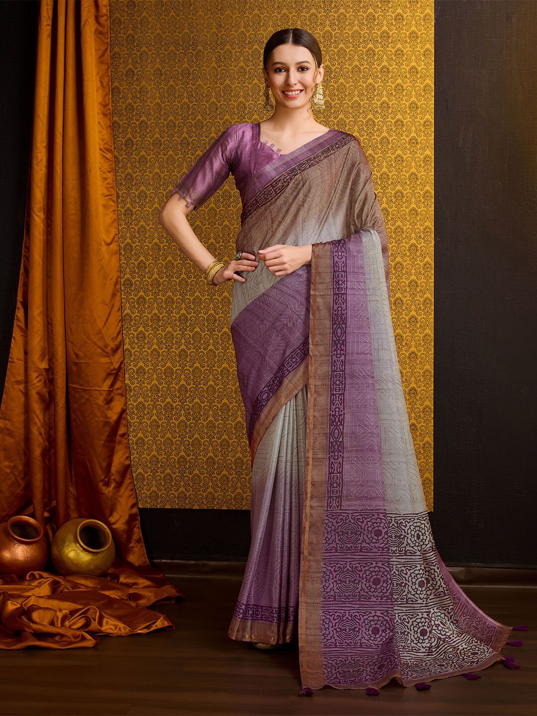 

Ishin Ethnic Motifs Printed Tussar Saree, Purple