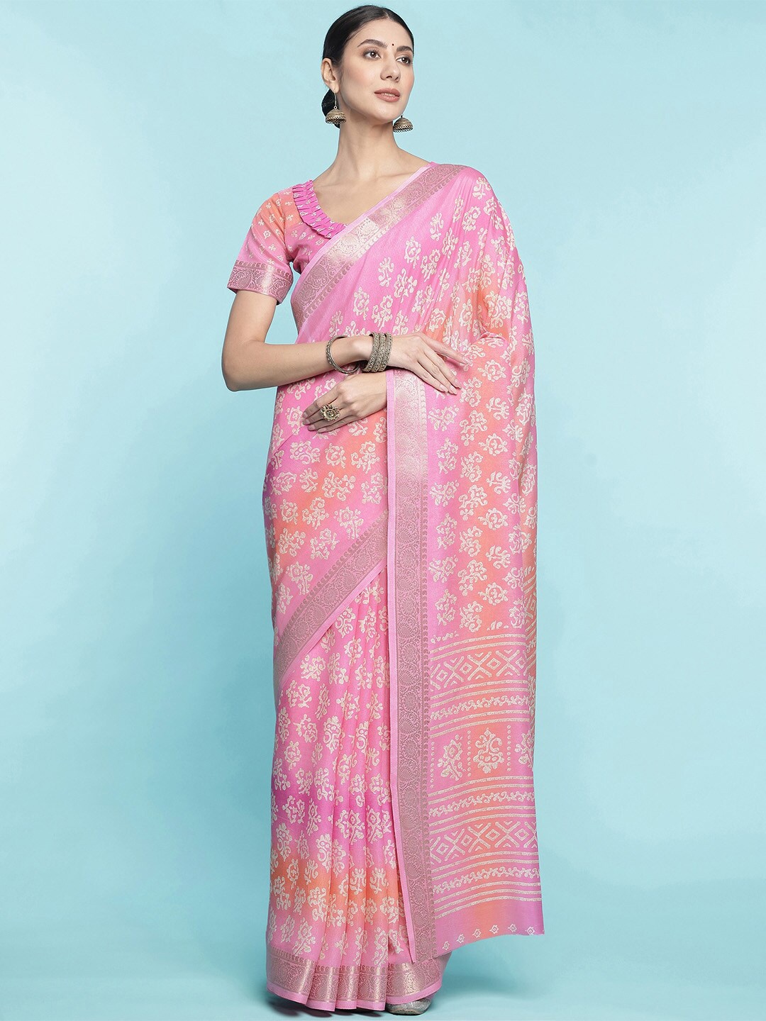 

Ishin Ethnic Motifs Printed Woven Design Zari Saree, Pink