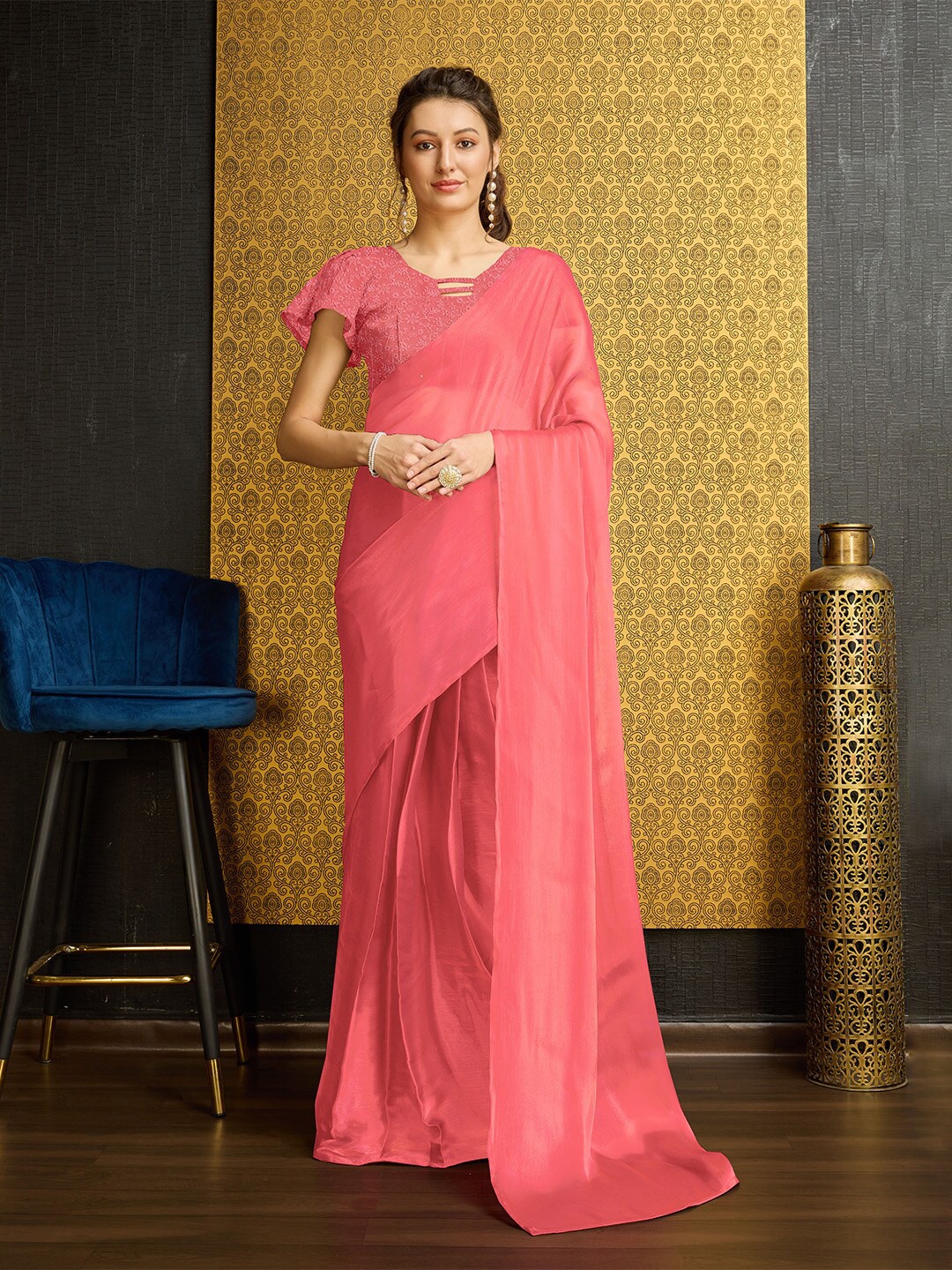 

Ishin Organza Party Ready to Wear Saree, Pink