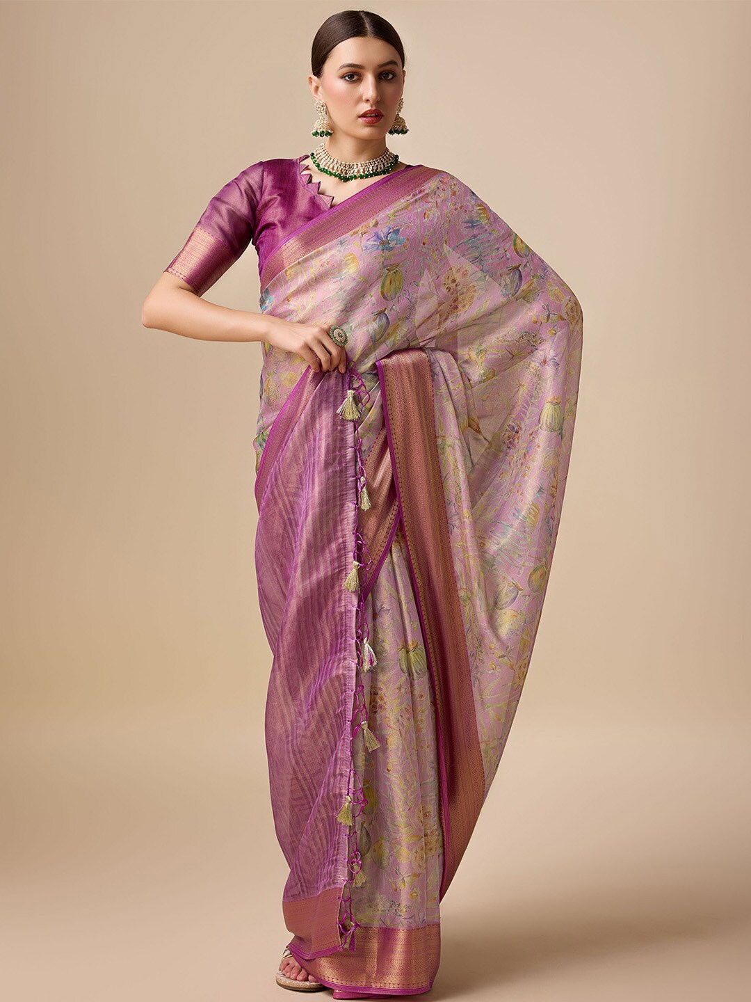 

Ishin Floral Printed Woven Design Zari Organza Saree, Purple