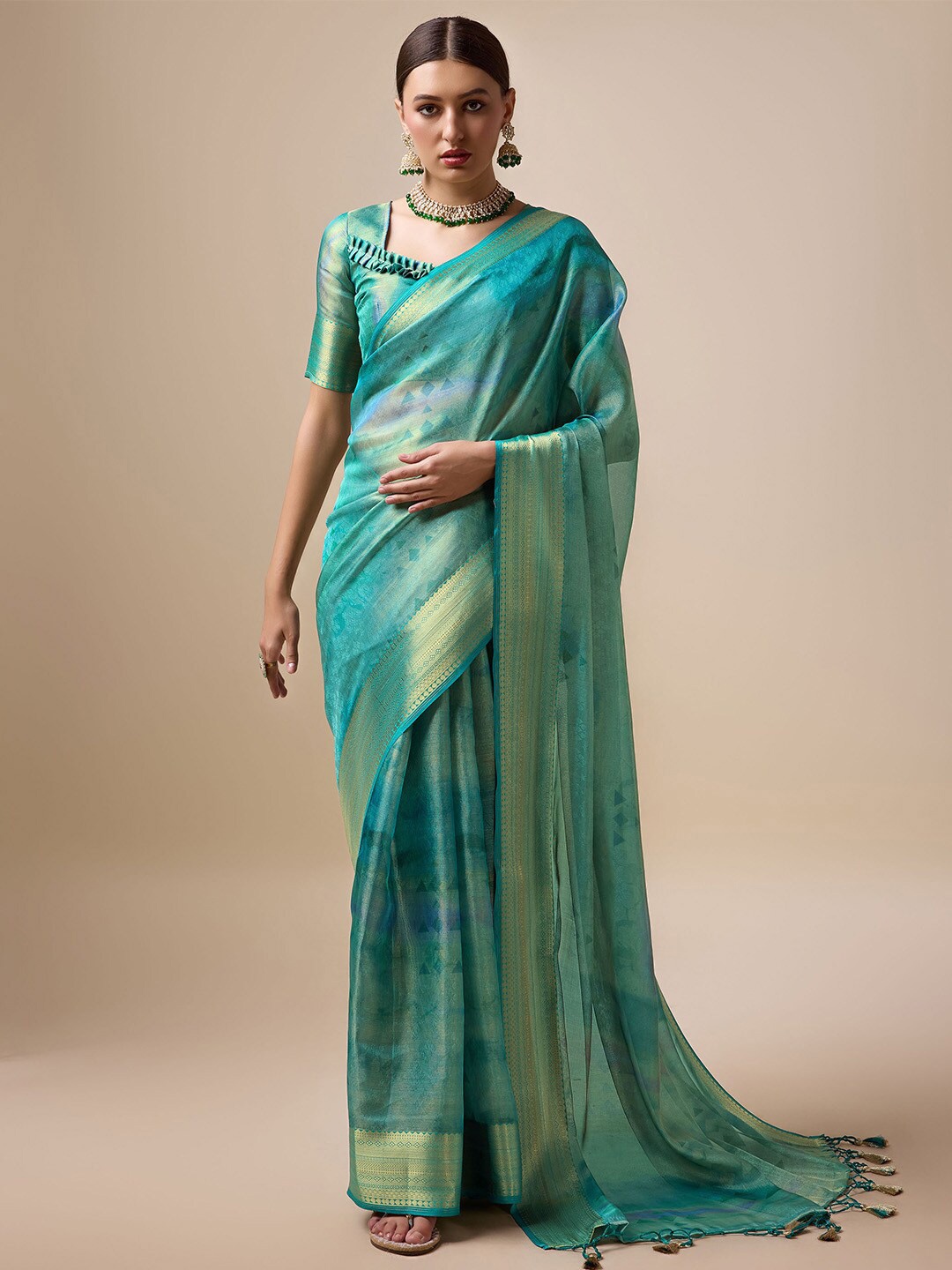 

Ishin Geometric Printed Woven Design Zari Organza Saree, Sea green